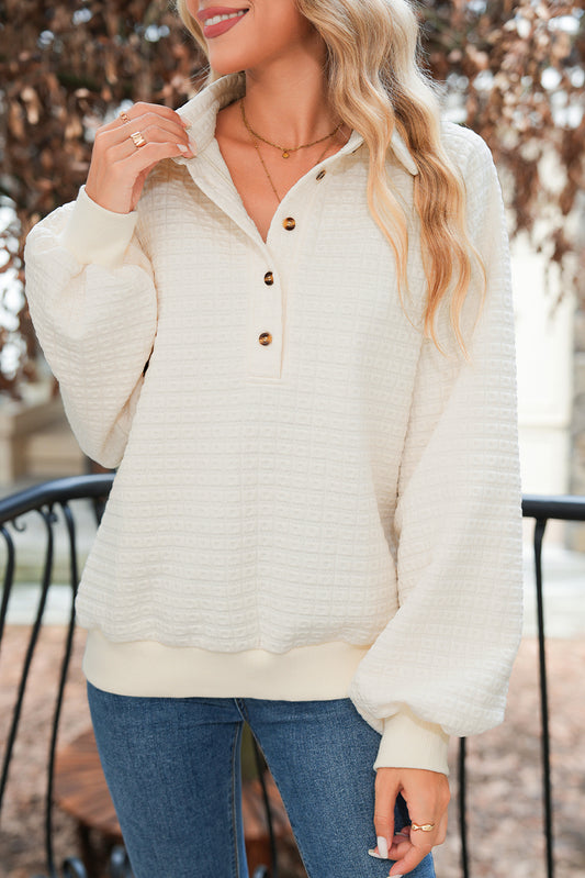 Beige Balloon Sleeve Casual Collared Button Sweatshirt