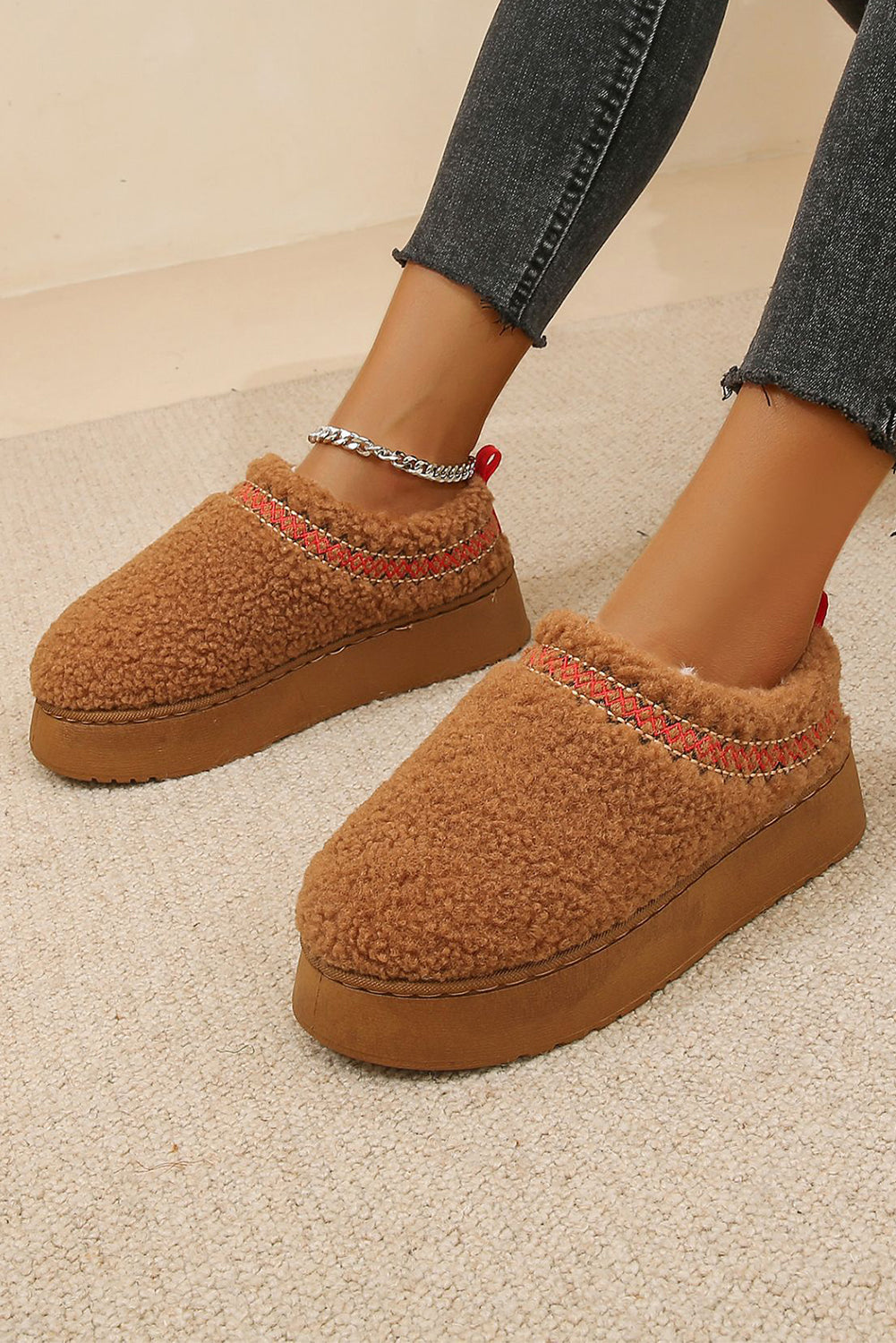 Oatmeal Warm Contrast Trim Plush Thick Sole Slippers
