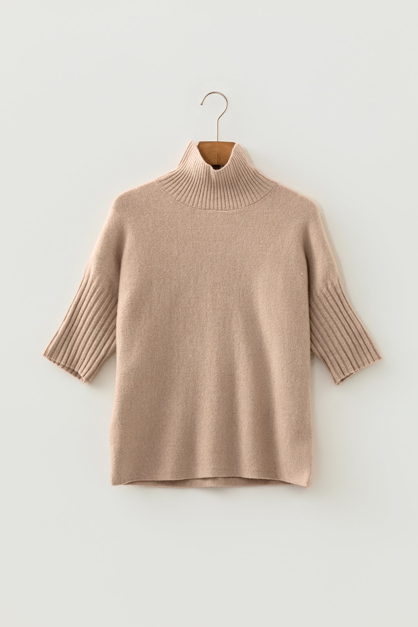 Beige Ribbed Trim High Neck Short Sleeve Casual Sweater