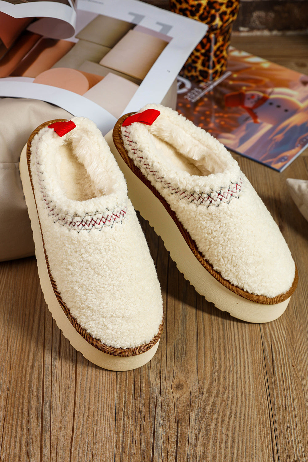 Oatmeal Warm Contrast Trim Plush Thick Sole Slippers
