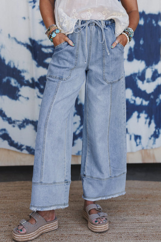 Beau Blue Wide Leg Drawstring Jeans with Raw Hem & Seam Detail