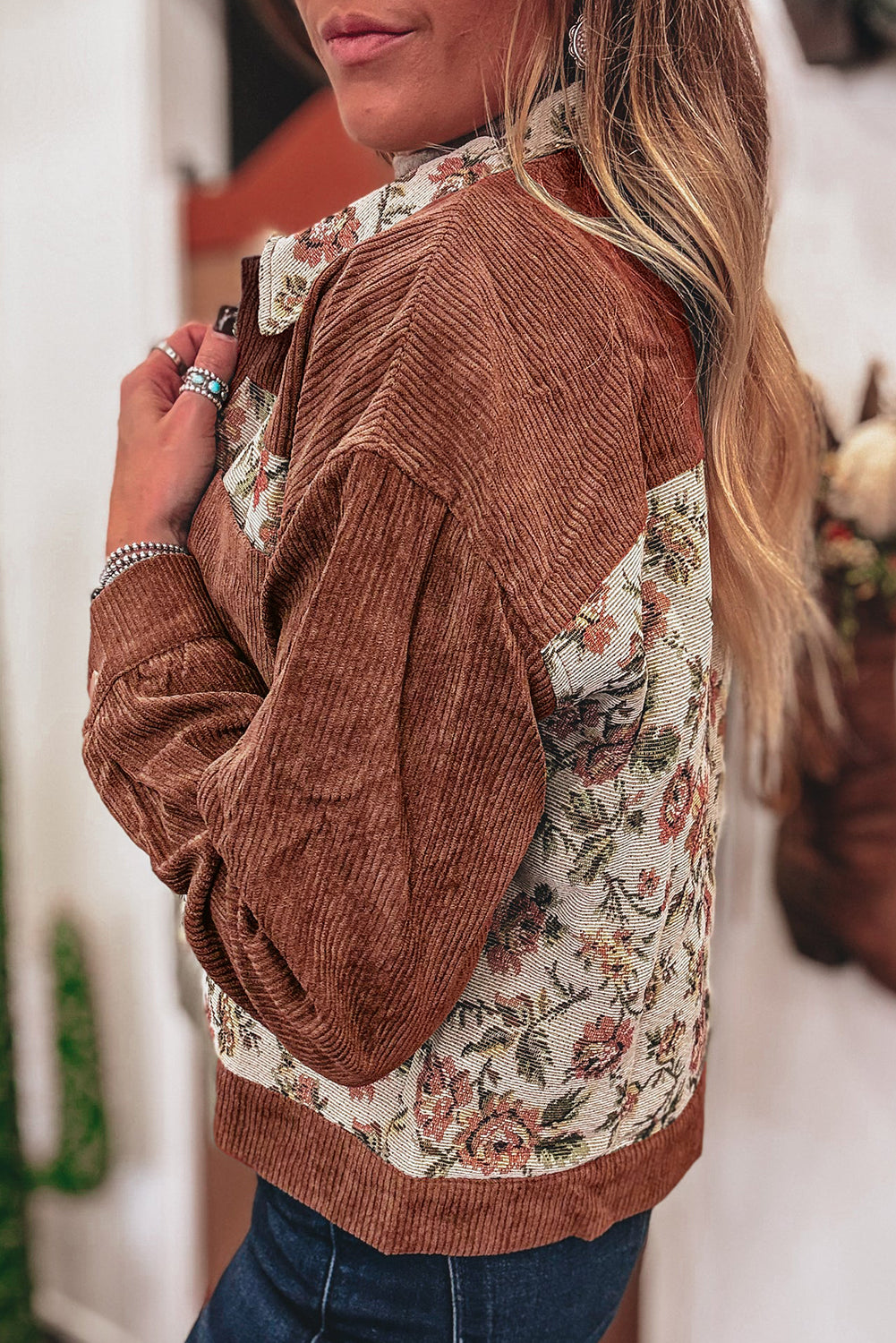 Sage Green Ribbed Retro Floral Patchwork Jacket