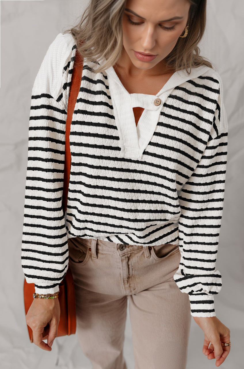 Black Stripe Textured Hooded Long Sleeve Top