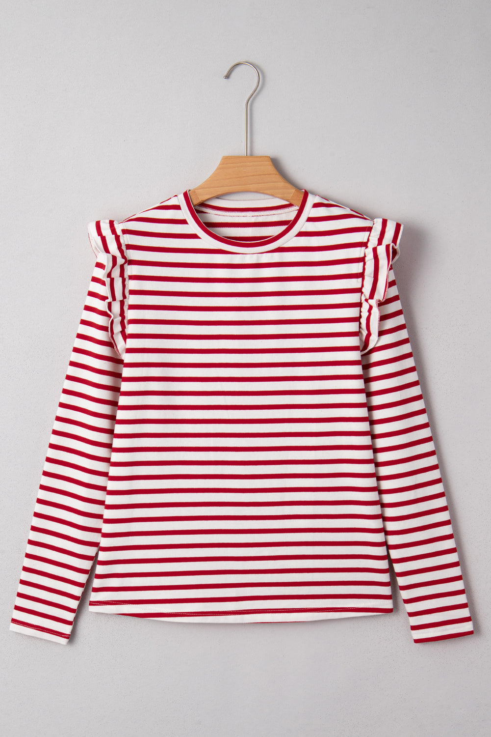Red Striped Ruffle Shoulder Long Sleeve Top