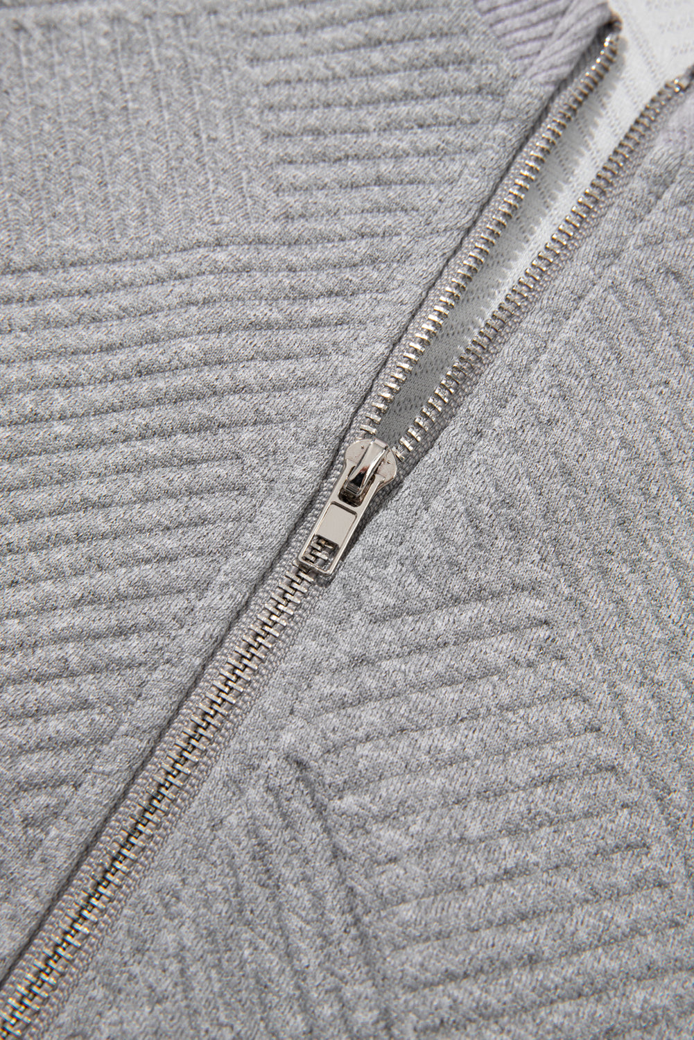 Medium Grey Solid Color Texture Zipper V Neck Sweatshirt