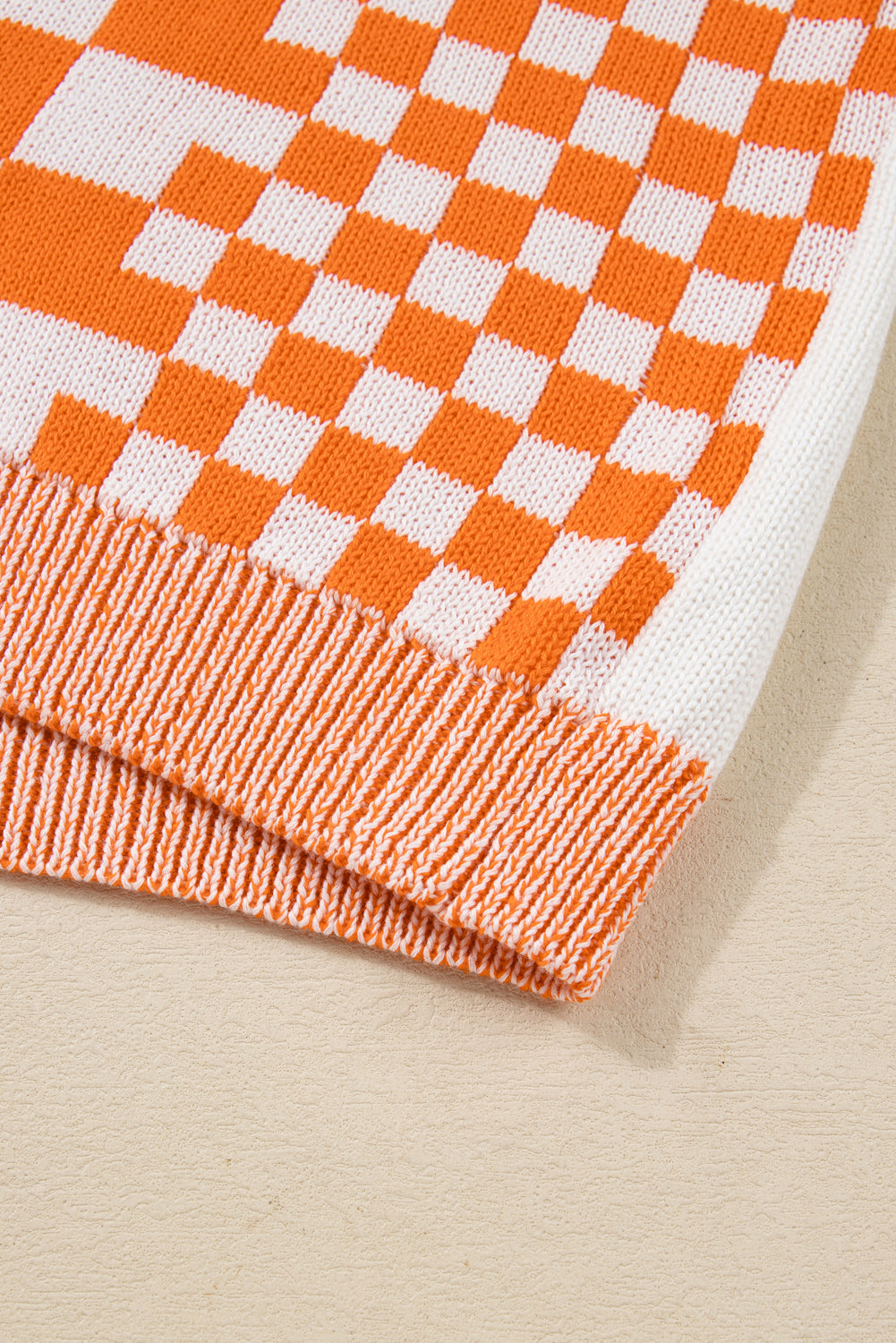 Orange Checkered Bubble Sleeve Plus Size Drop Shoulder Knit Cardigan