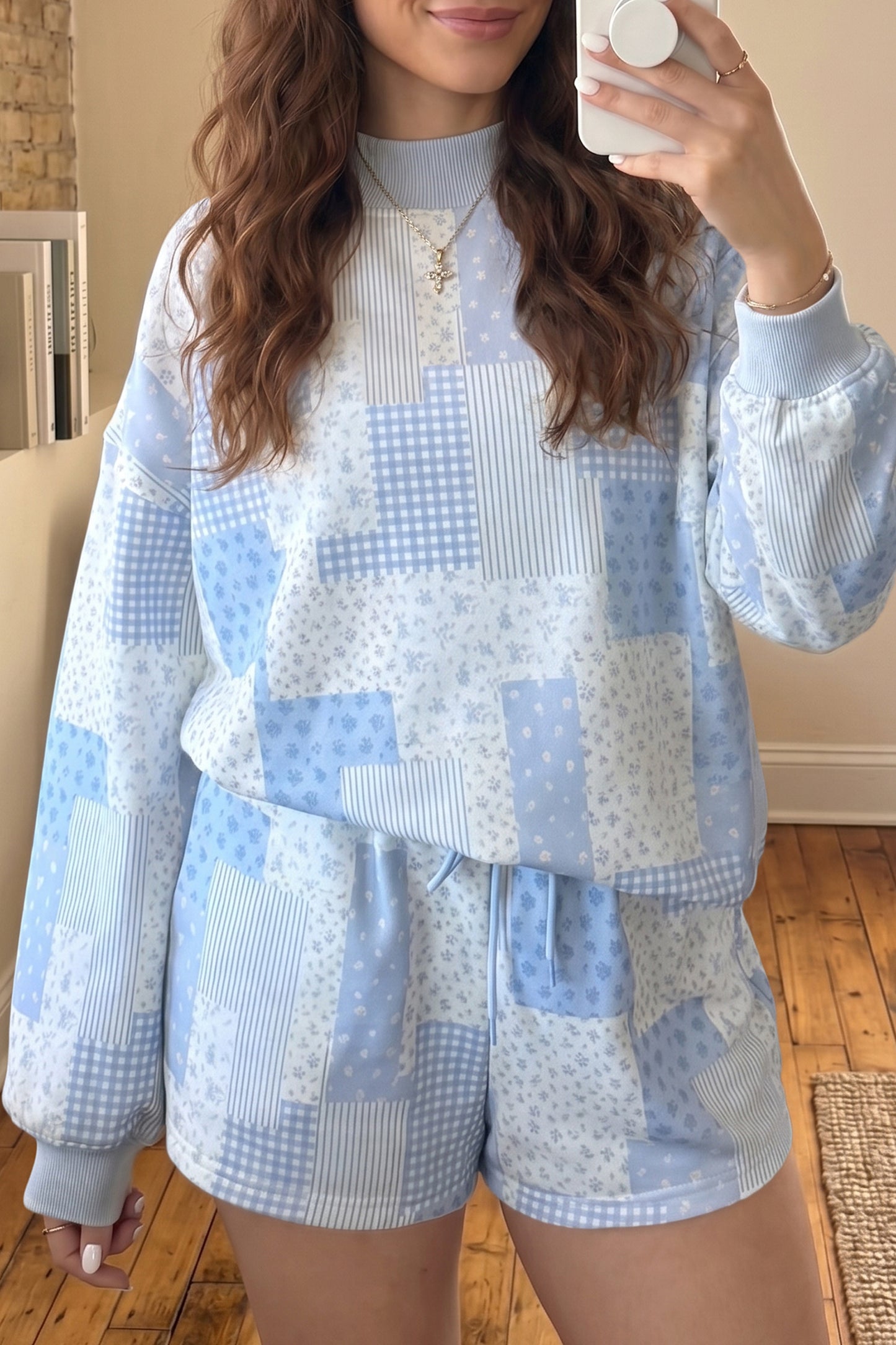 Sky Blue Patchwork Floral Print Drop Shoulder Baggy Pullover Drawstring Shorts Set