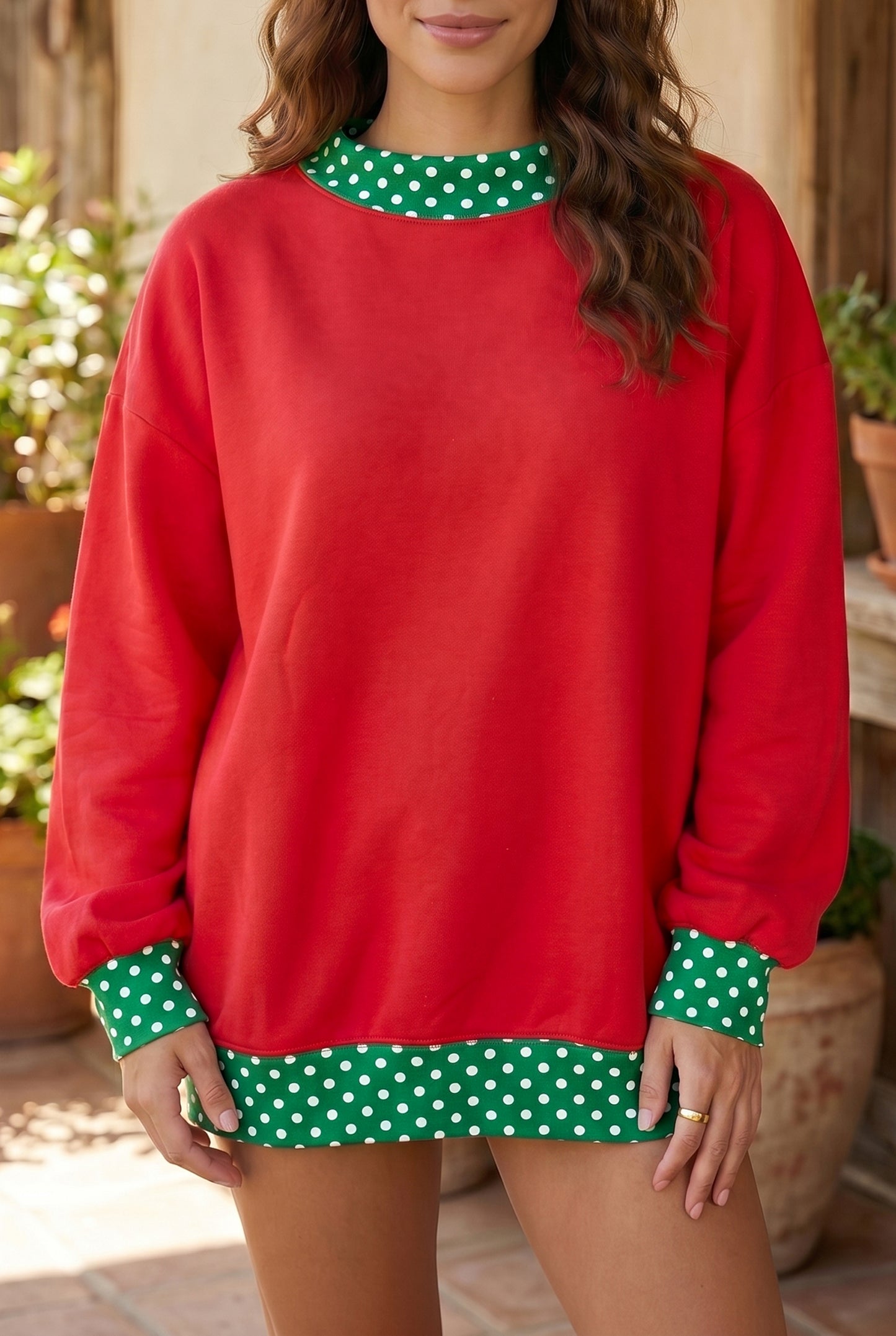 Fiery Red Colorblock Polka Dot Contrast Trim Oversized Sweatshirt