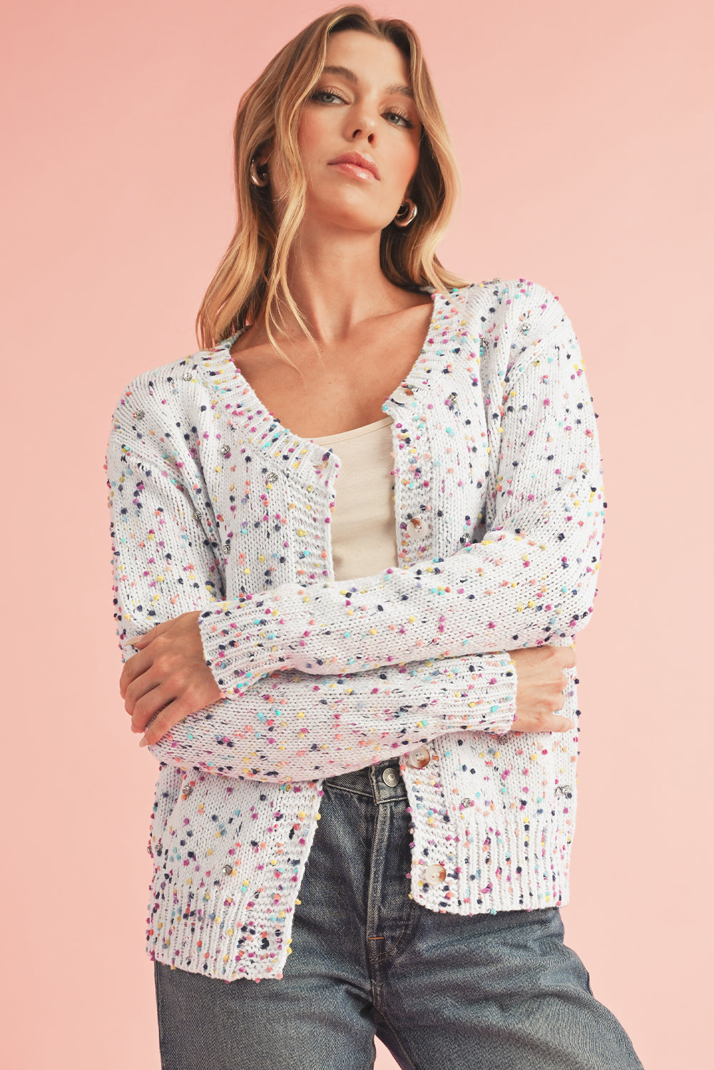 Apricot Confetti Knit Cropped Open Front Cardigan