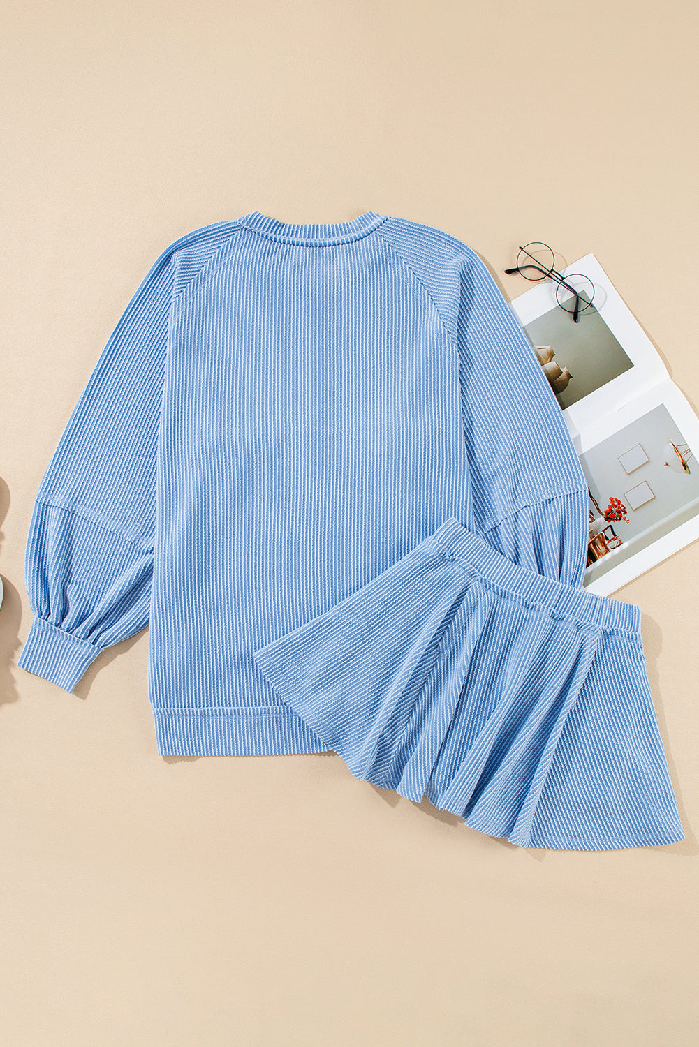 Sky Blue Corded Lantern Sleeve Top High Waist Ruffled Mini Skort Set