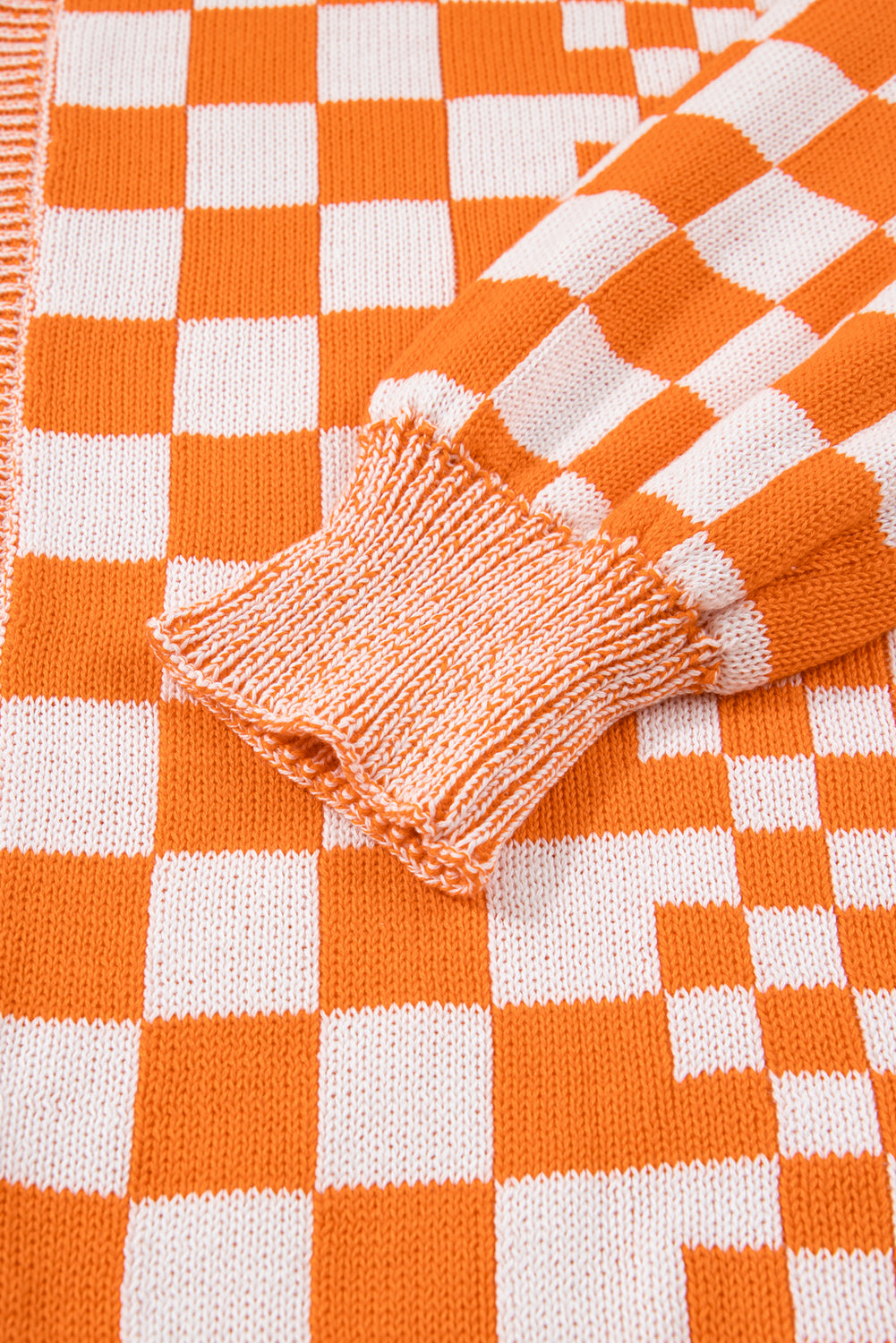 Orange Checkered Bubble Sleeve Plus Size Drop Shoulder Knit Cardigan