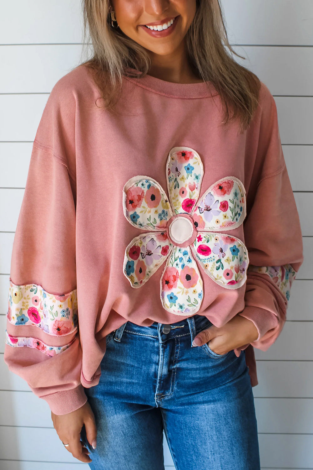 Pale Khaki Flower Applique Patchwork Drop Sleeve Pullover Sweatshirt