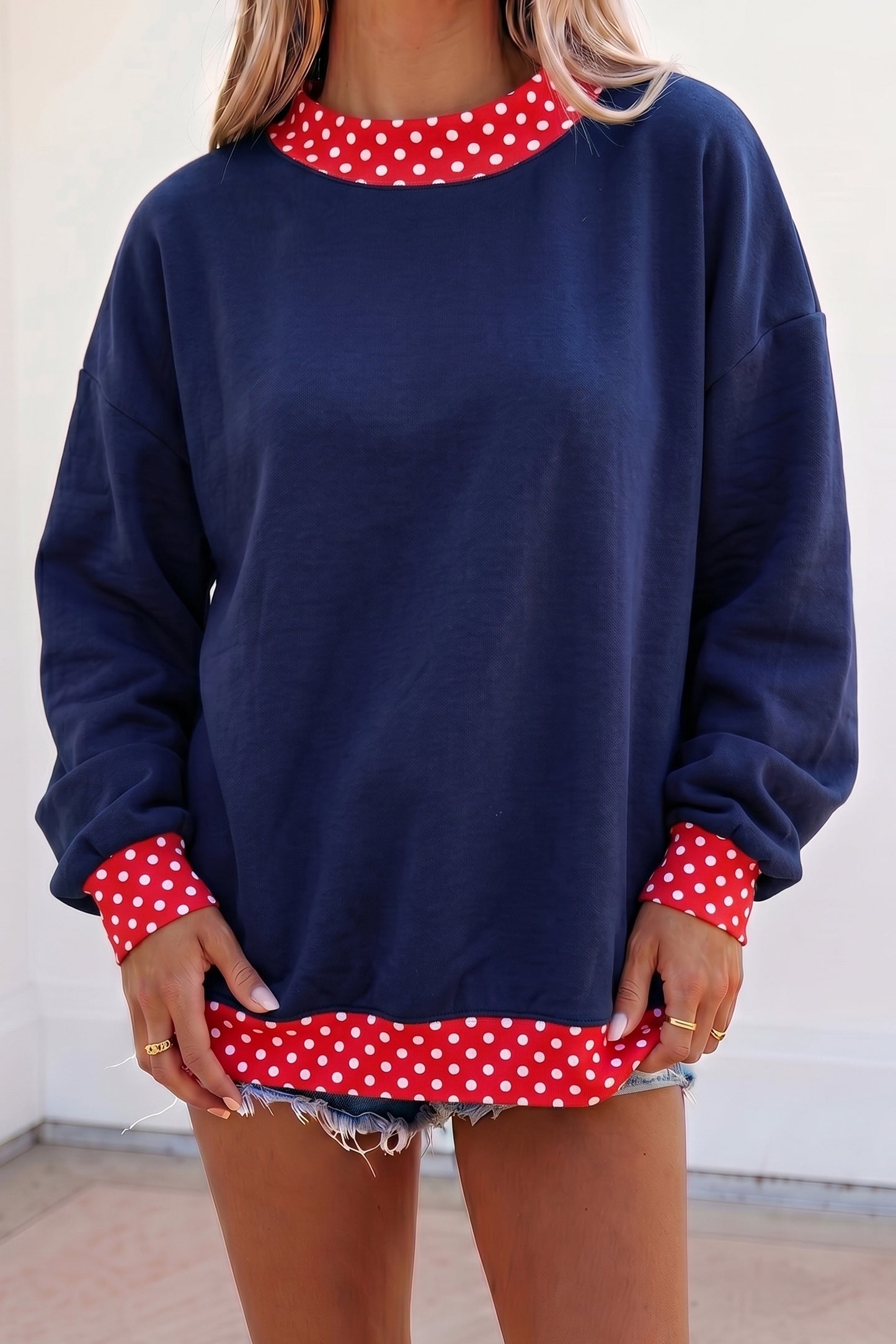 Fiery Red Colorblock Polka Dot Contrast Trim Oversized Sweatshirt