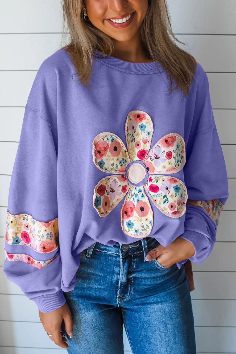 Pale Khaki Flower Applique Patchwork Drop Sleeve Pullover Sweatshirt