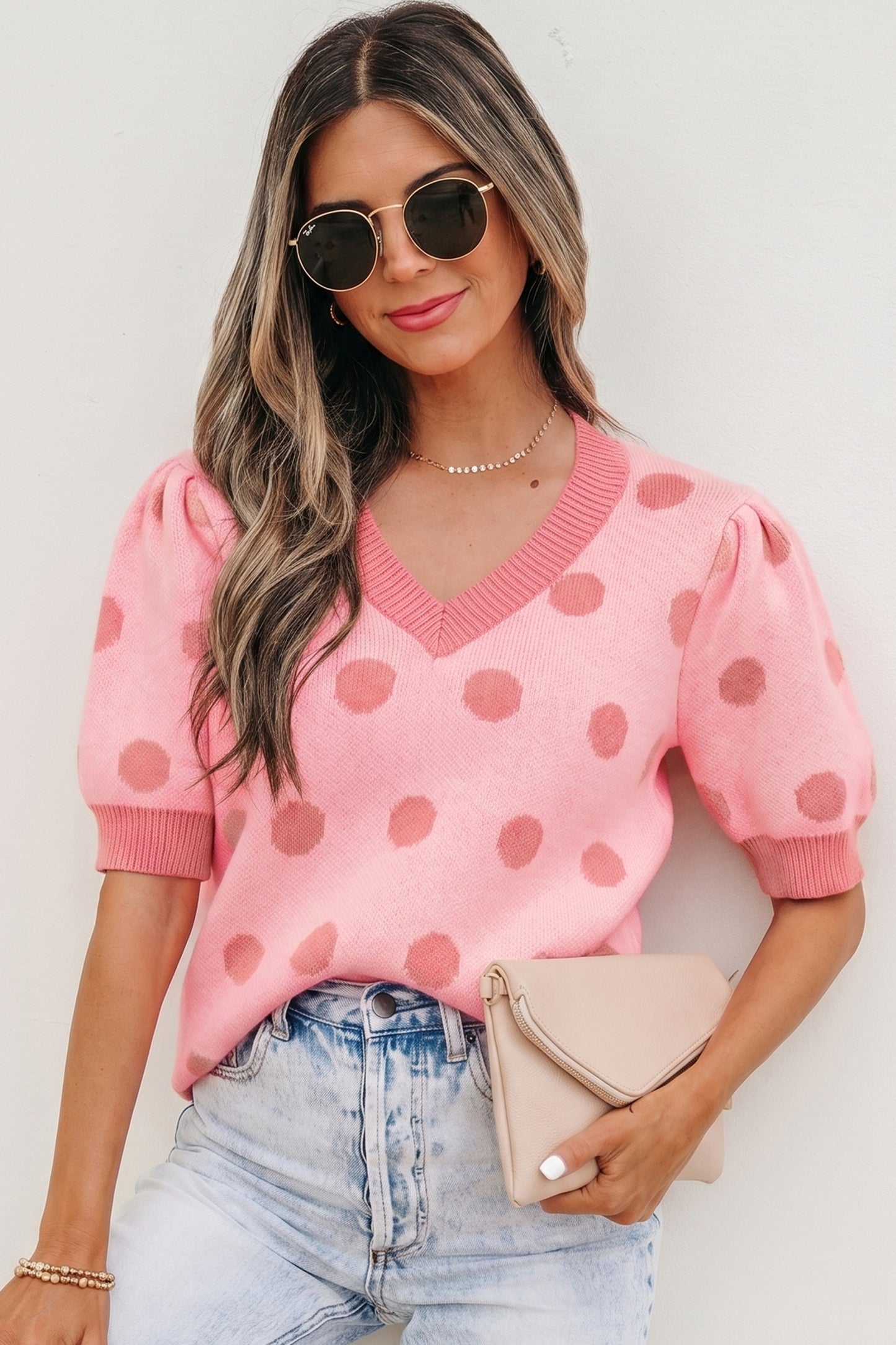 Pink Polka Dot Puff Short Sleeve Sweater Top