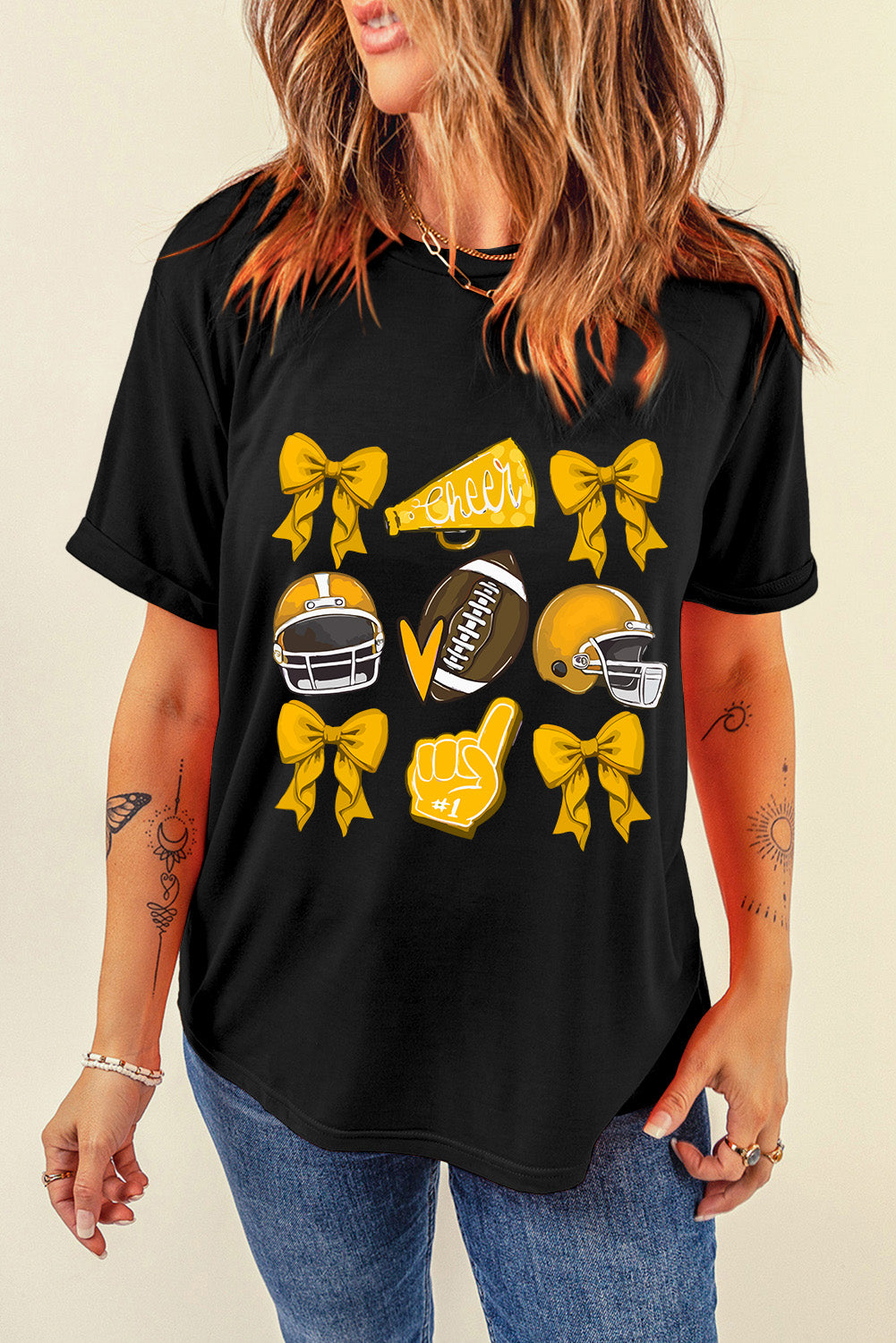 White Game Day Rugby Cheer Helmet Bow Graphic Tee