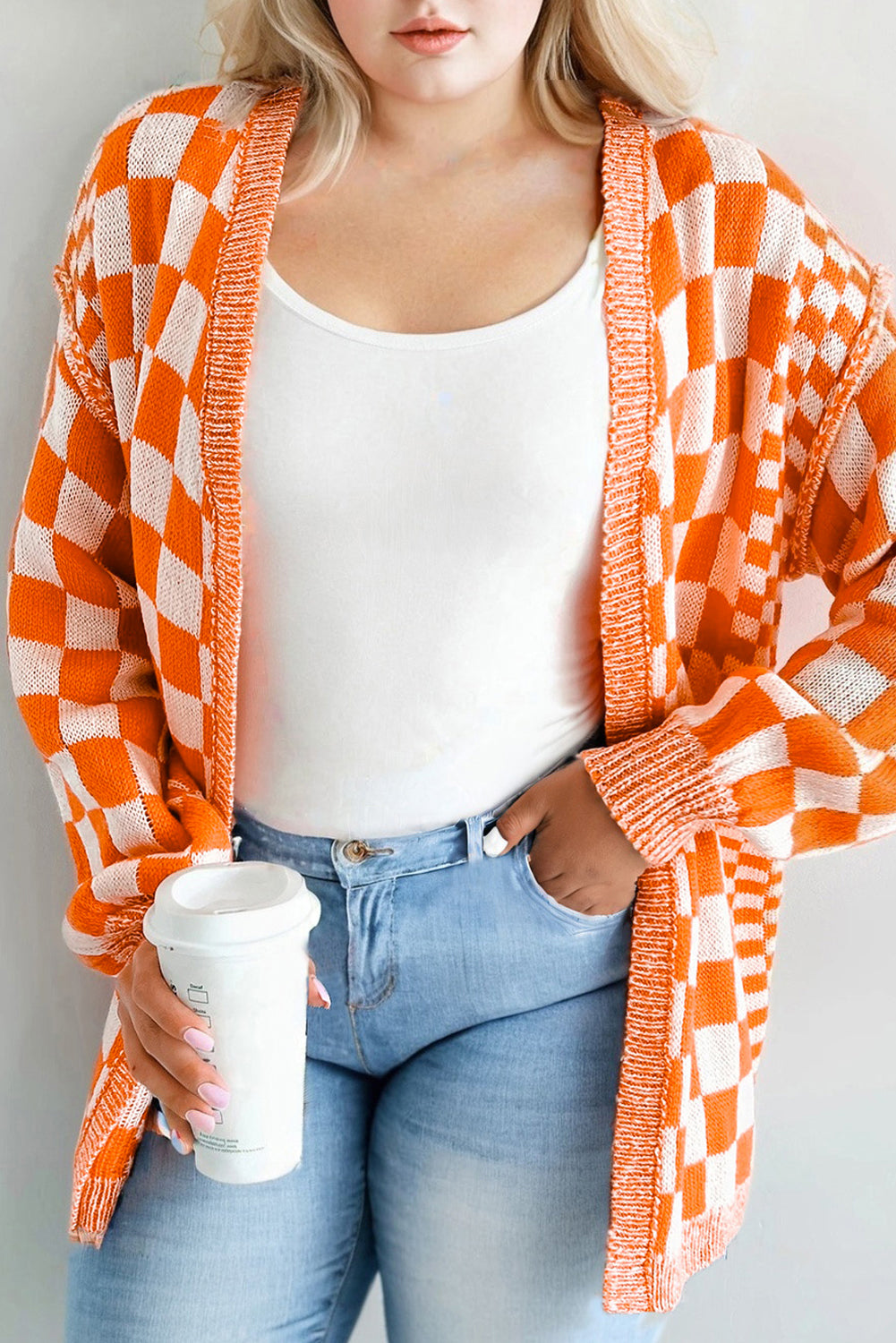 Orange Checkered Bubble Sleeve Plus Size Drop Shoulder Knit Cardigan
