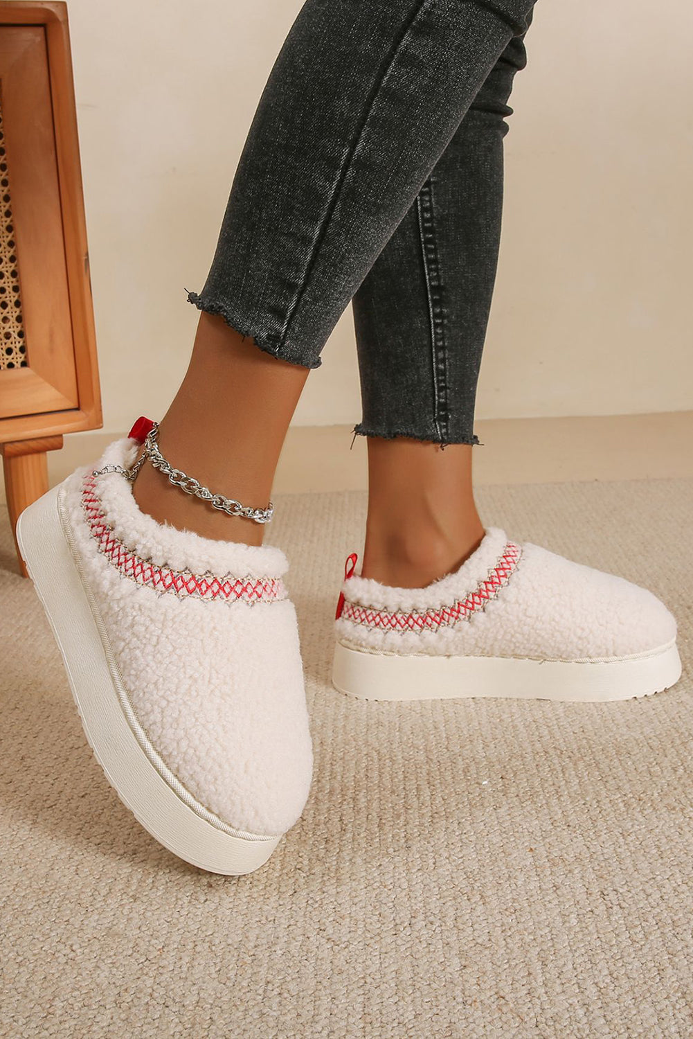 Oatmeal Warm Contrast Trim Plush Thick Sole Slippers