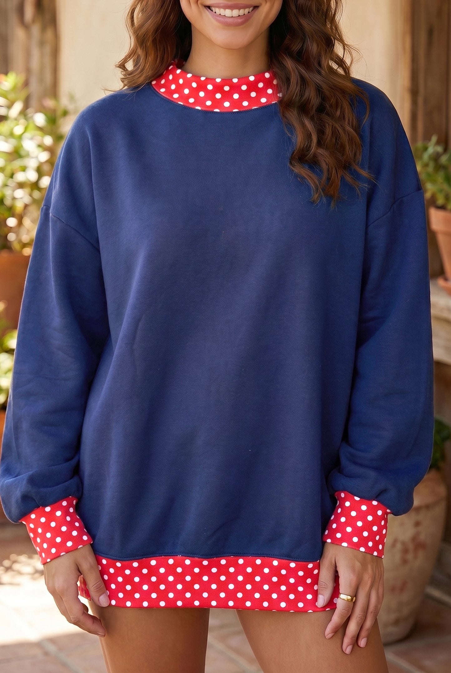 Fiery Red Colorblock Polka Dot Contrast Trim Oversized Sweatshirt