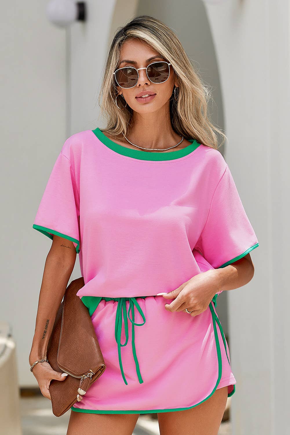 Colorblock T Shirt and Skort 2Pcs Set