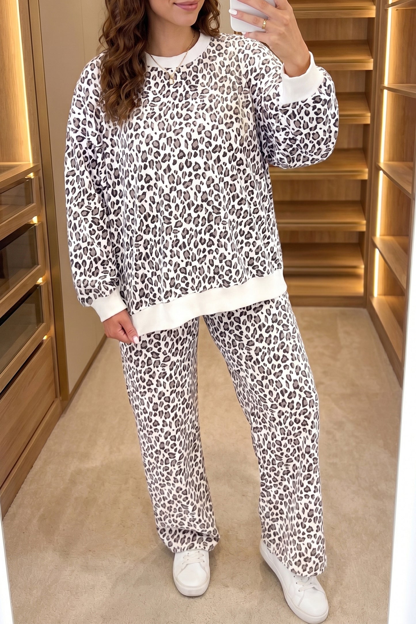 Khaki Leopard Print Embroidery Colorblock Details Pant Set