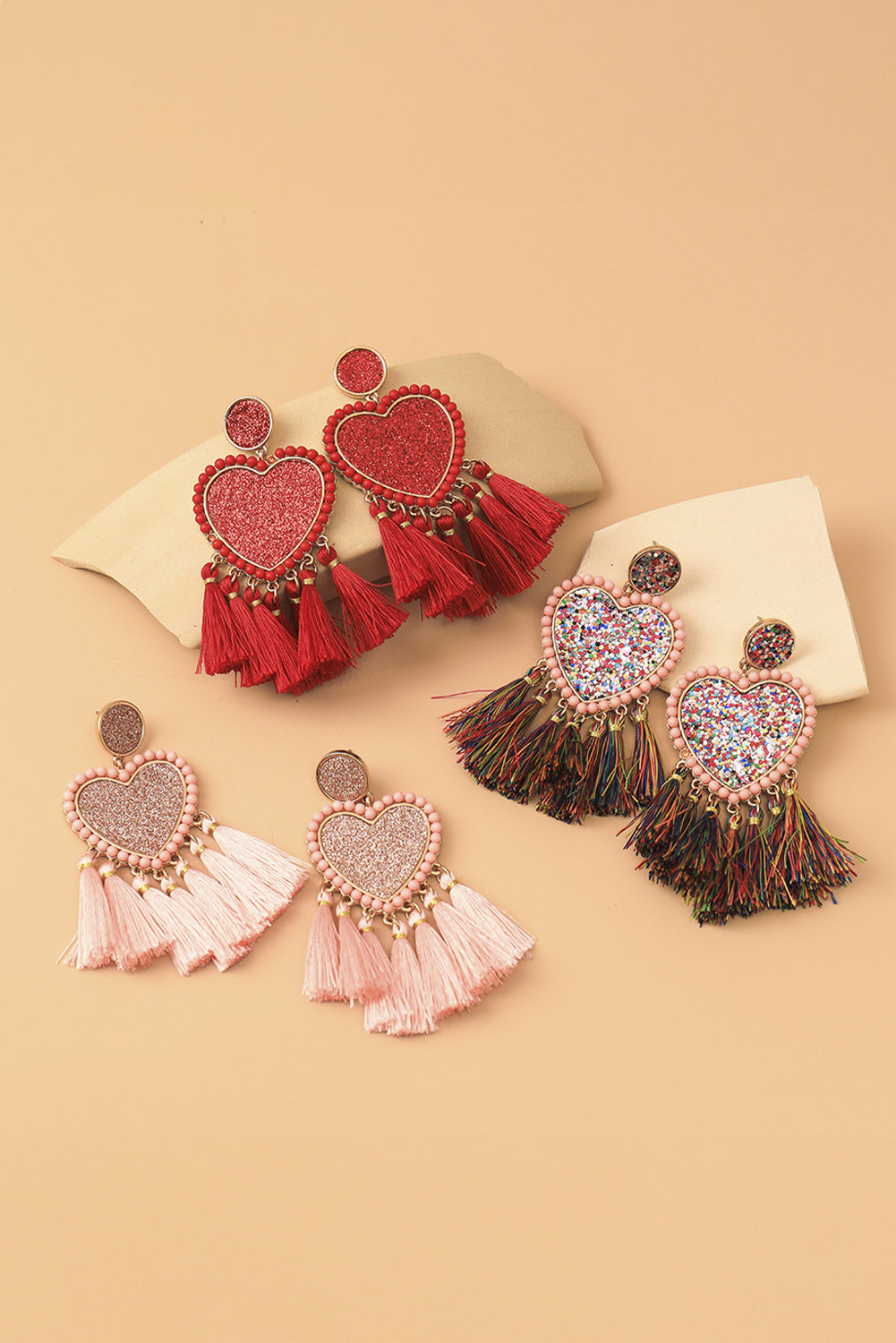 Racing Red Glitter Heart Tassel Valentines Earrings
