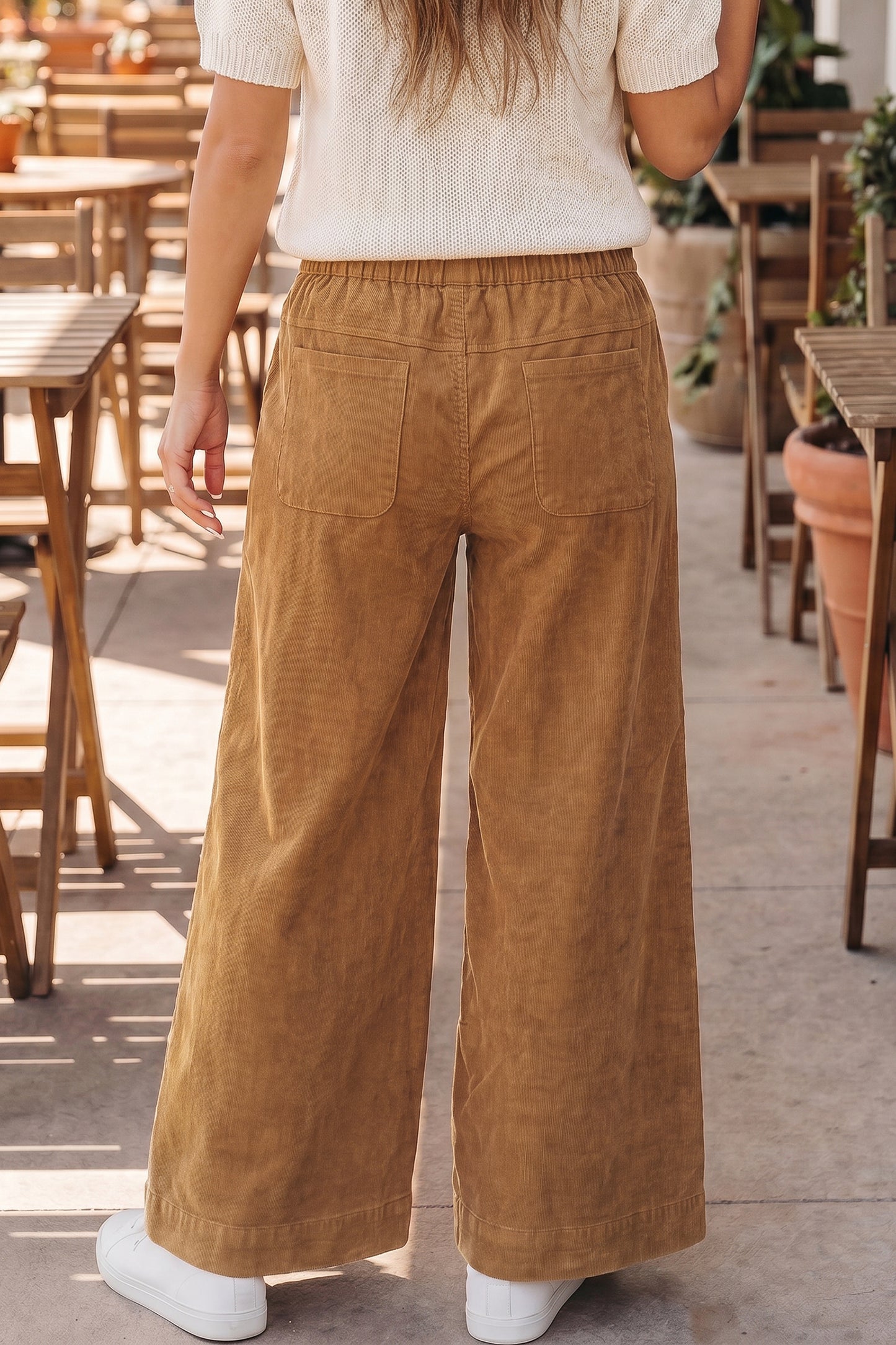Thai Curry Elastic Waist Wooden Button Placket Ankle Length Wide Leg Pants
