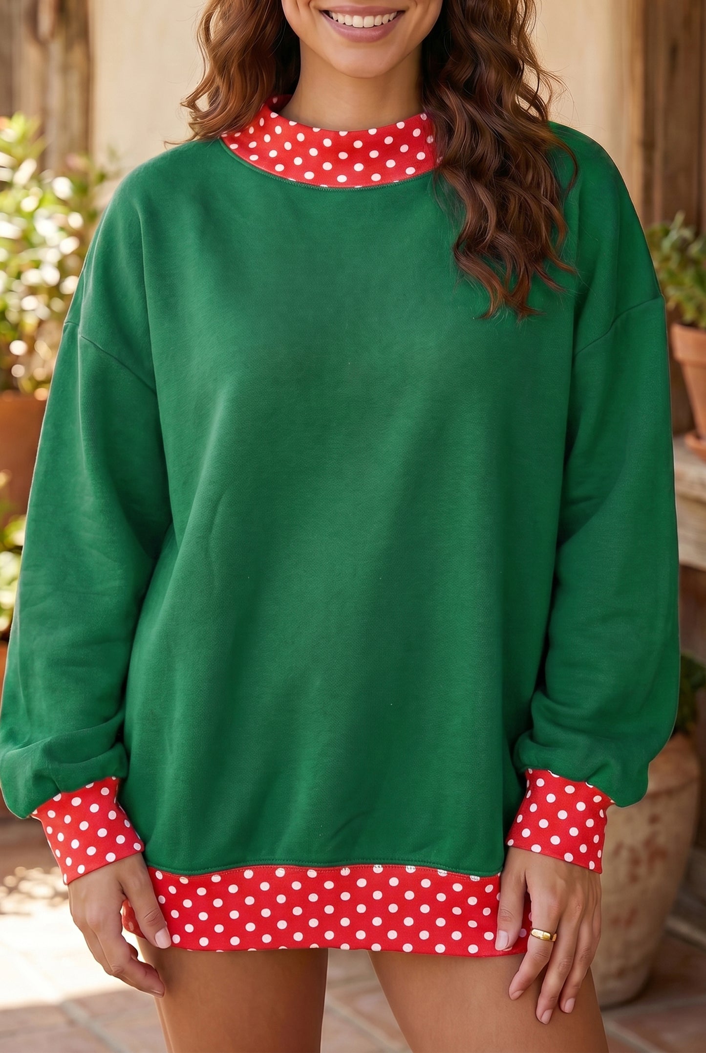 Fiery Red Colorblock Polka Dot Contrast Trim Oversized Sweatshirt