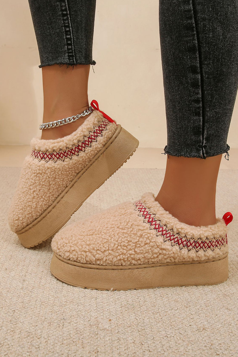 Oatmeal Warm Contrast Trim Plush Thick Sole Slippers