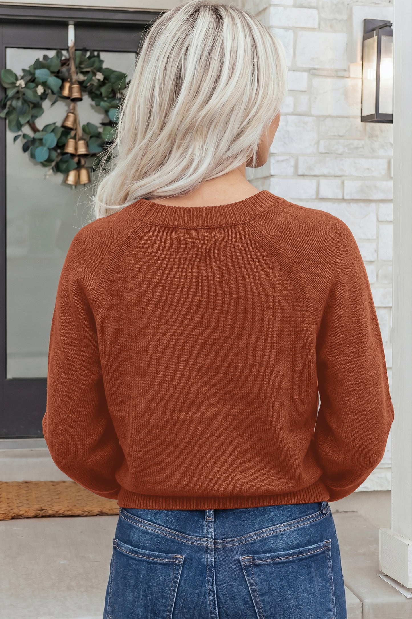 Coffee Ribbed Knit Round Neck Short Sleeve Sweater