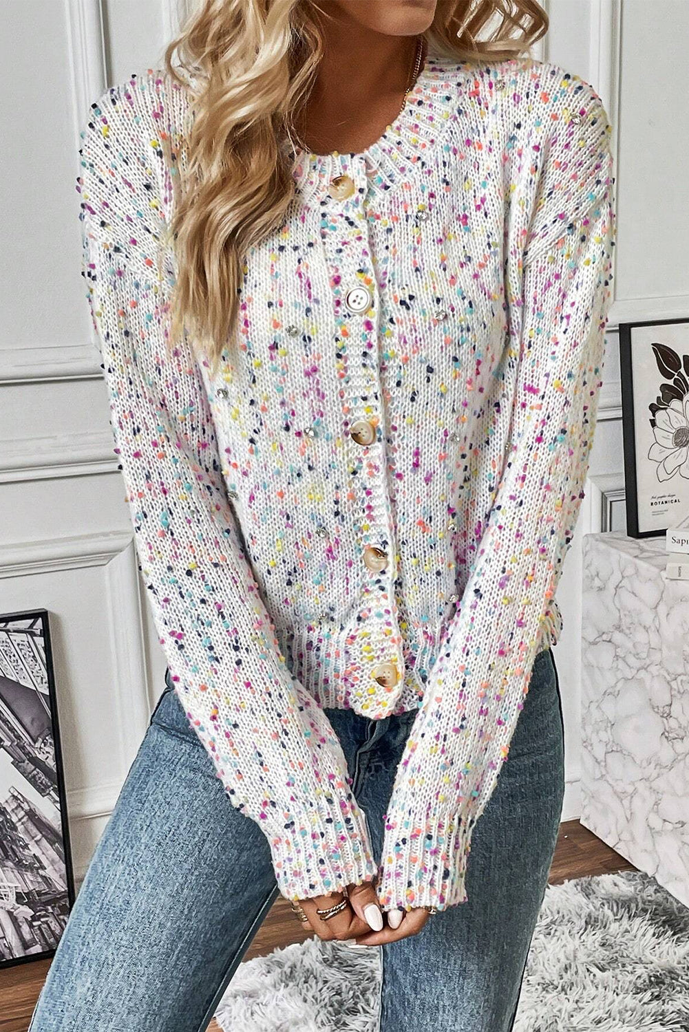 Apricot Confetti Knit Cropped Open Front Cardigan