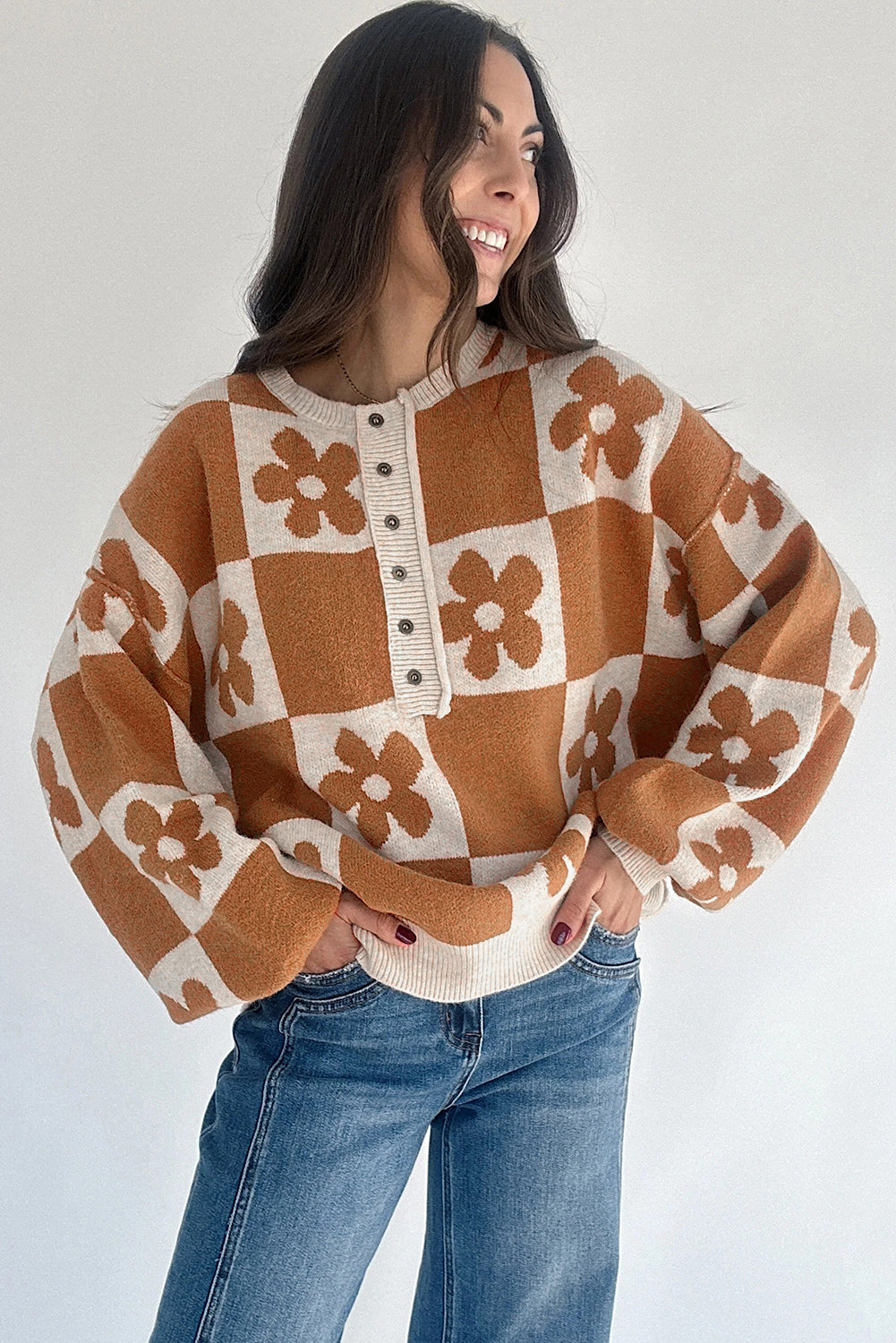 Red Dahlia Flower Colorblock Checkered Henley Sweater