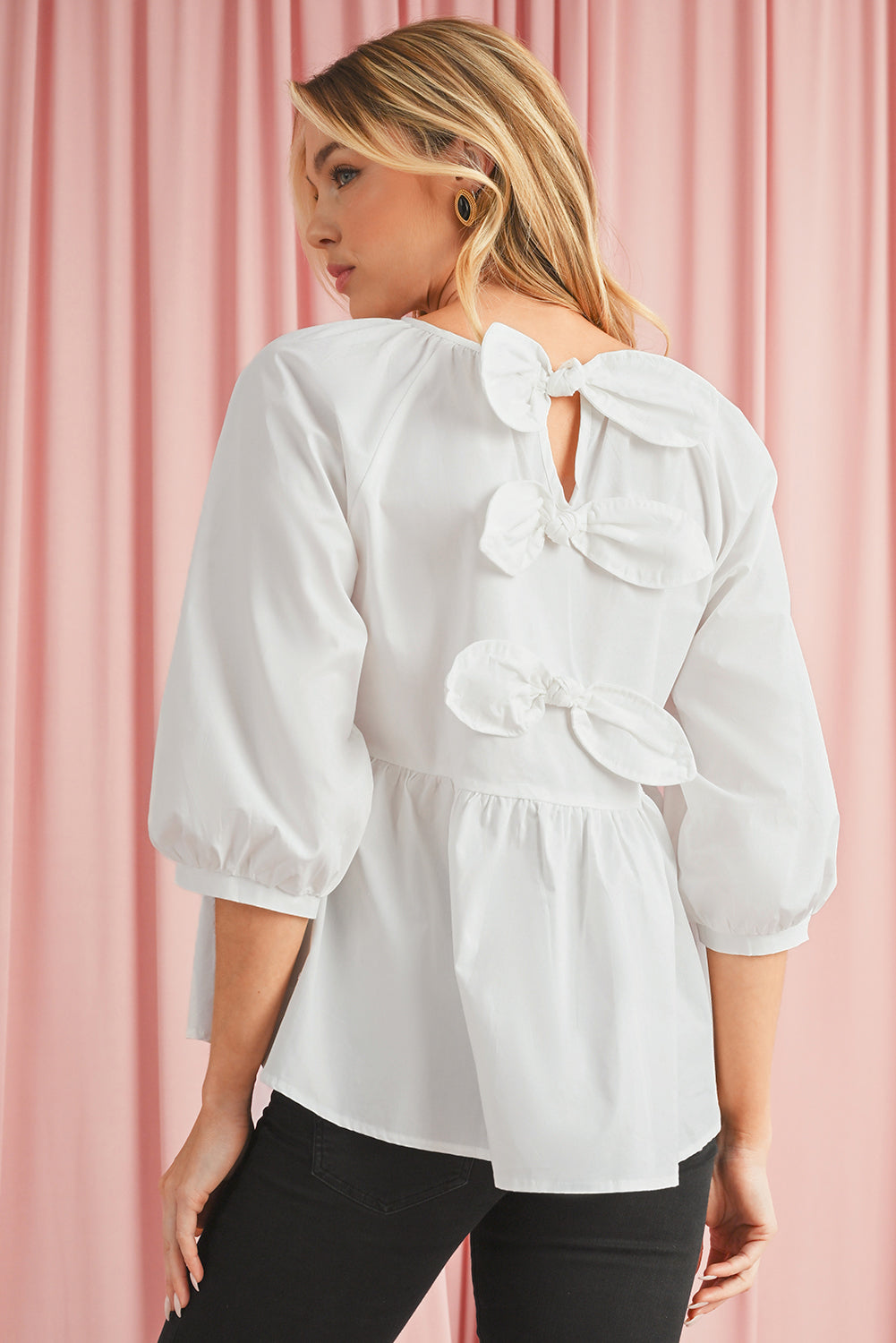 White Bow Knot Cutout Back Loose Fit 3/4 Sleeve Blouse