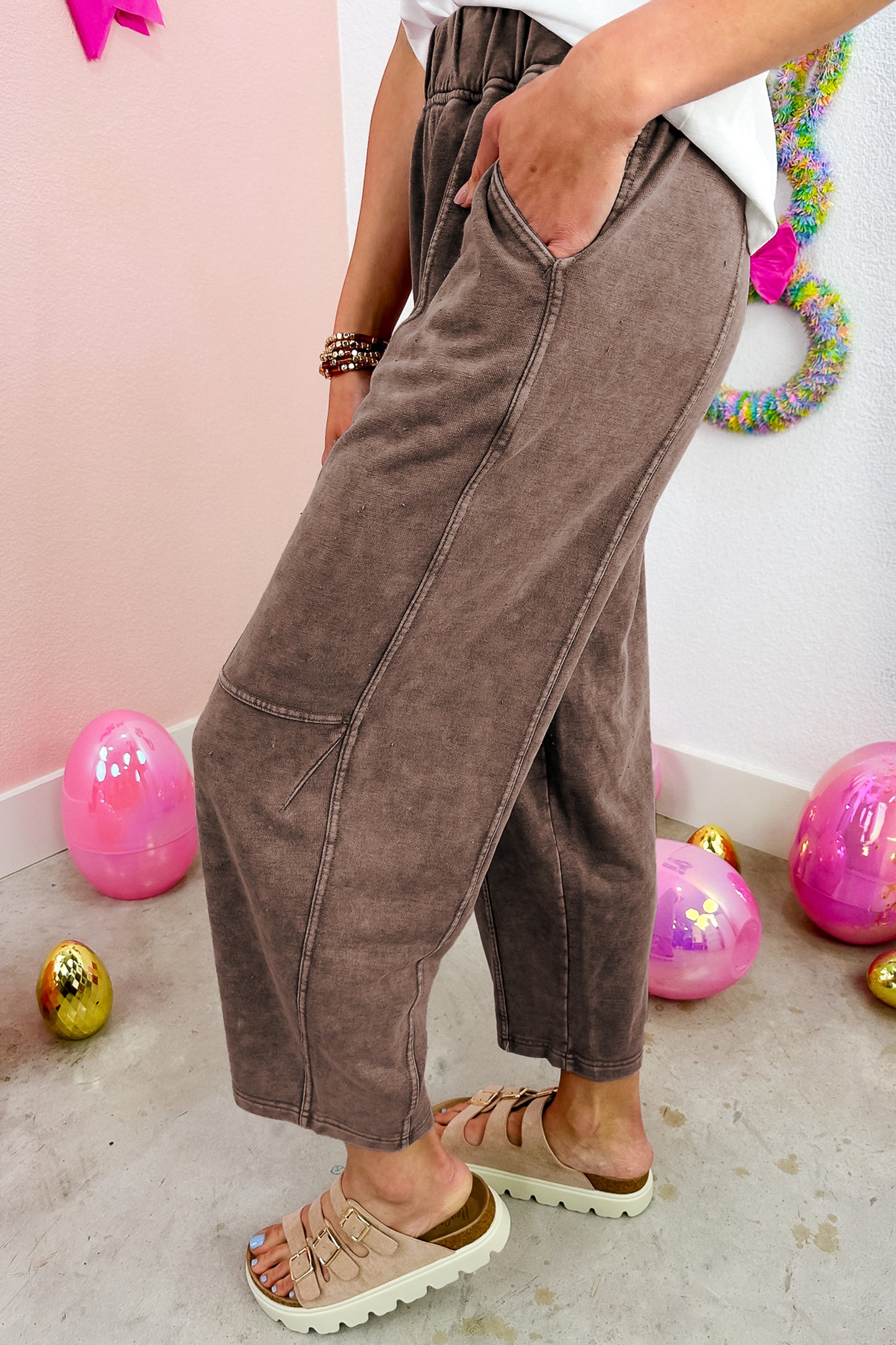 Coffee Mineral Wash Seam Detail Elastic Waist Pants