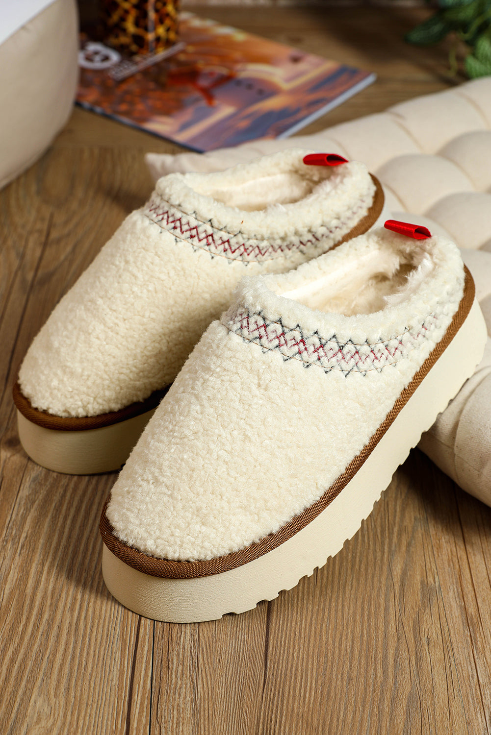 Oatmeal Warm Contrast Trim Plush Thick Sole Slippers