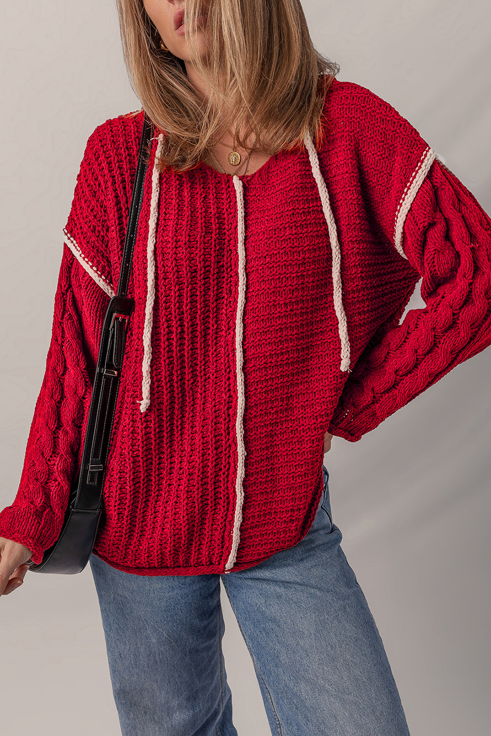 Racing Red Contrast Trim Textured Knit Drawstring Hooded Sweater