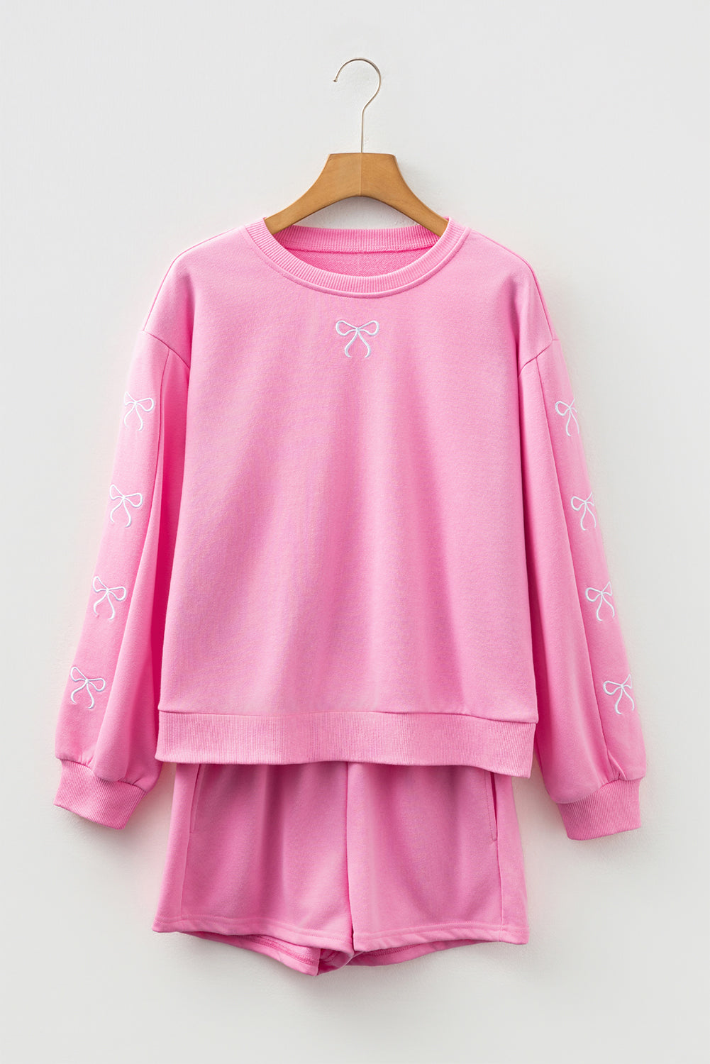 Sachet Pink Bow Embroidery Long Sleeve Pullover and High Waist Shorts Set