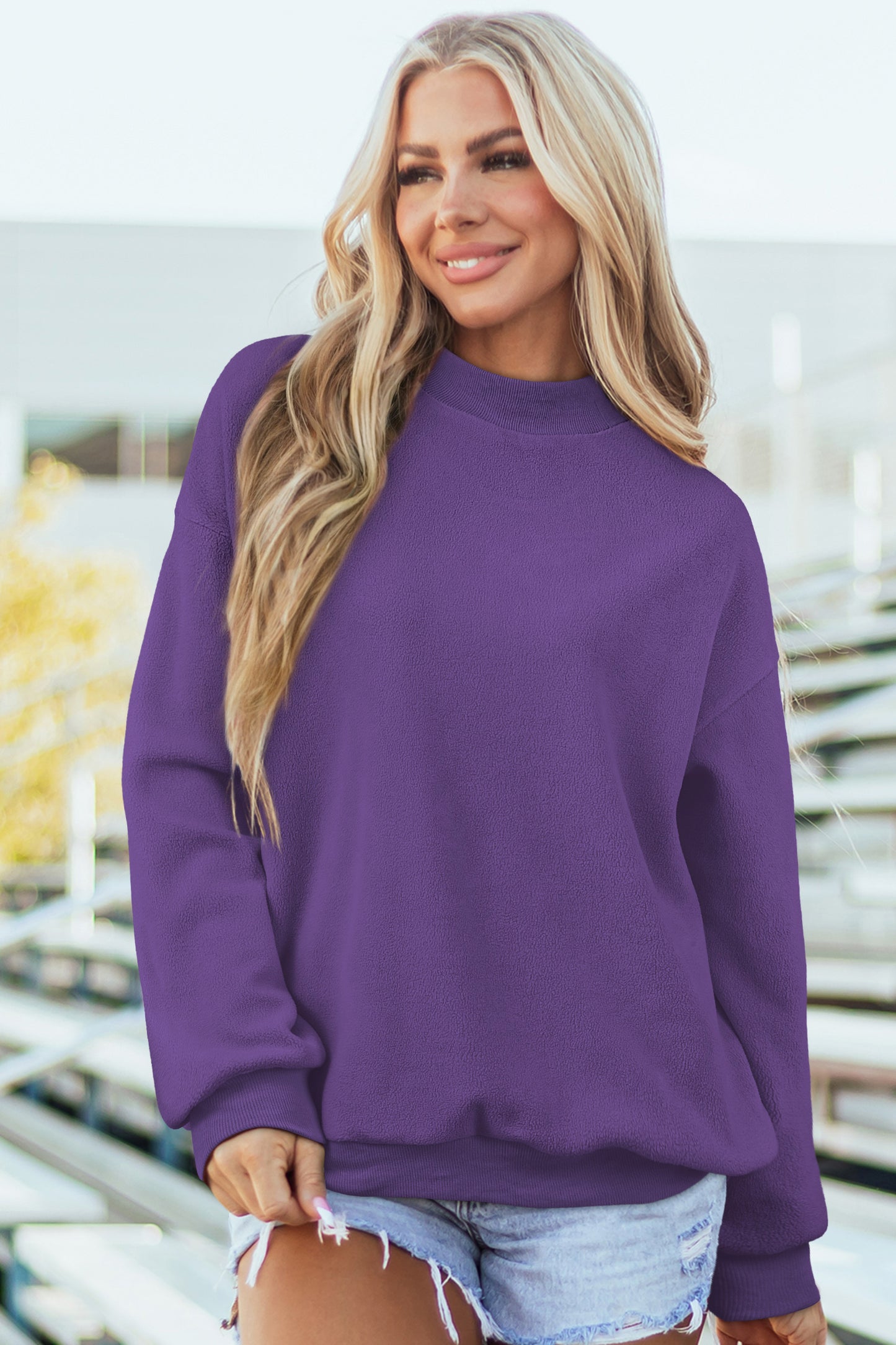 Bright Pink Oversize Drop Shoulder Reversible Mock Neck Sweatshirt