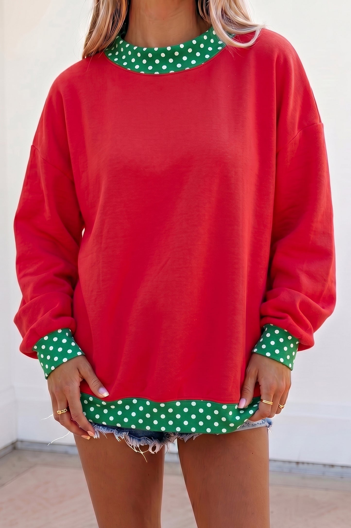 Fiery Red Colorblock Polka Dot Contrast Trim Oversized Sweatshirt