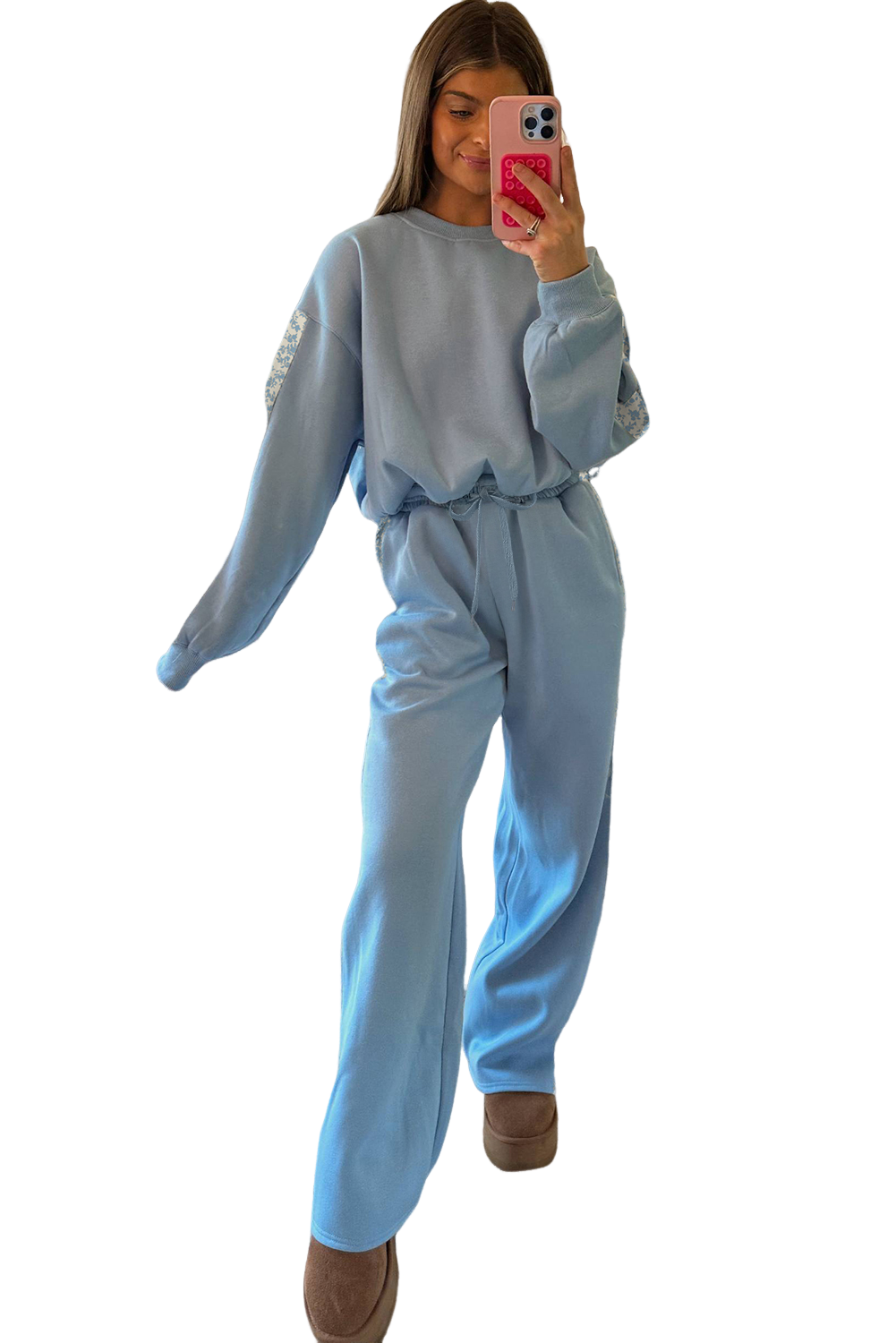 Beau Blue Floral Patchwork Drop Shoulder Pullover and Sweatpants Lounge Set