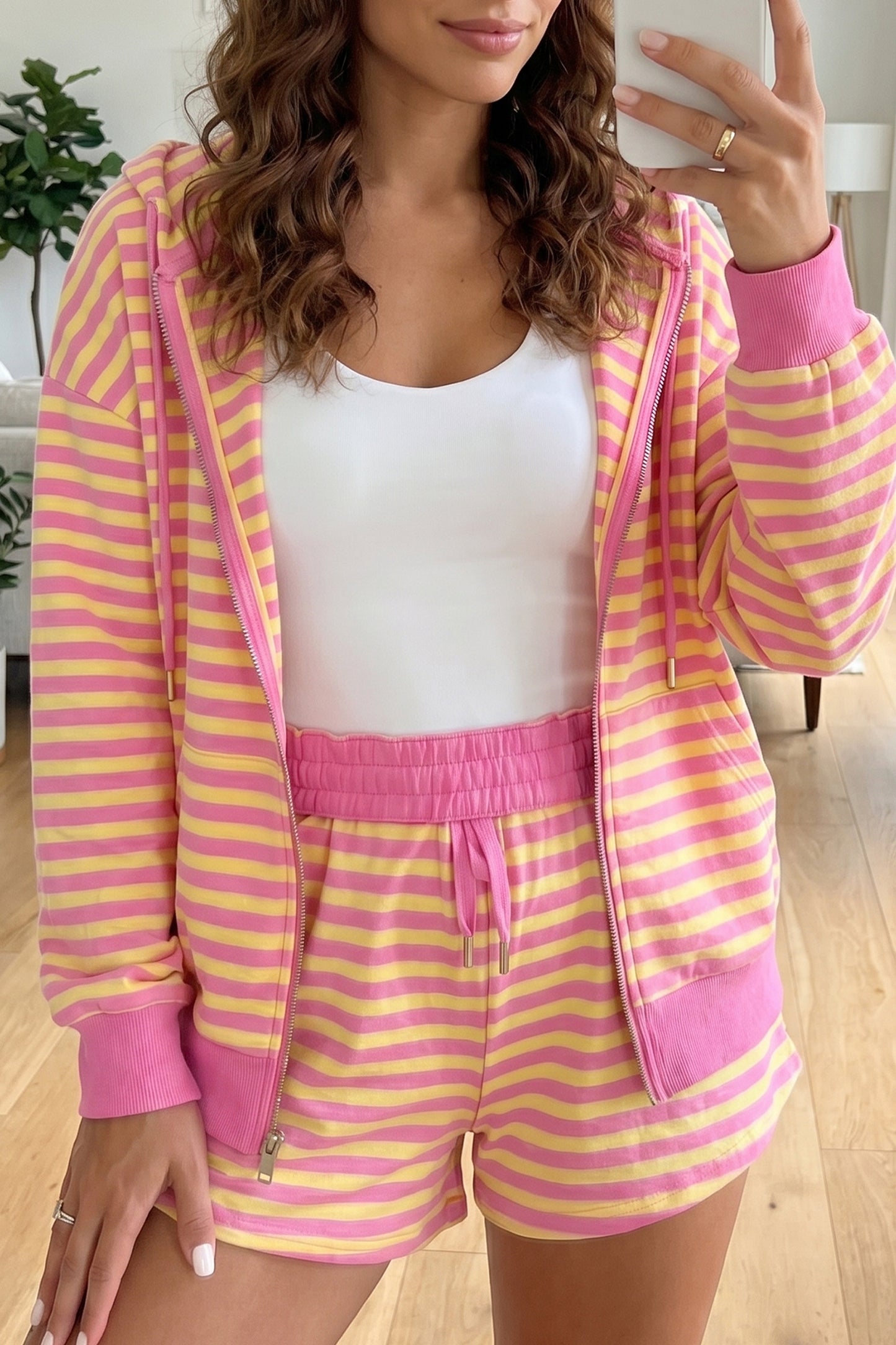 Rose Red Striped Long Sleeve Zip-Up Hoodie Drawstring Elastic Waist 2pcs Short Set
