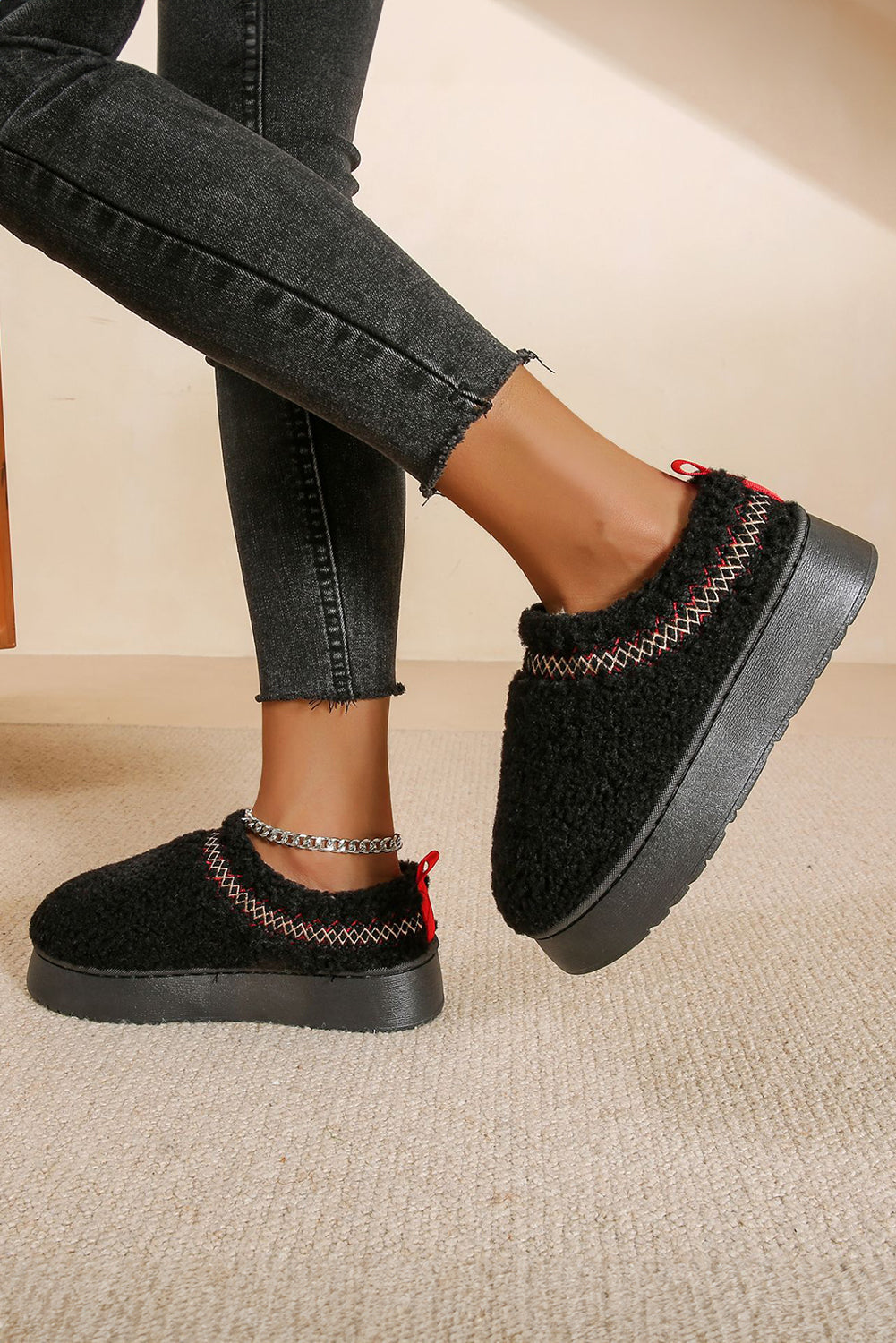 Oatmeal Warm Contrast Trim Plush Thick Sole Slippers