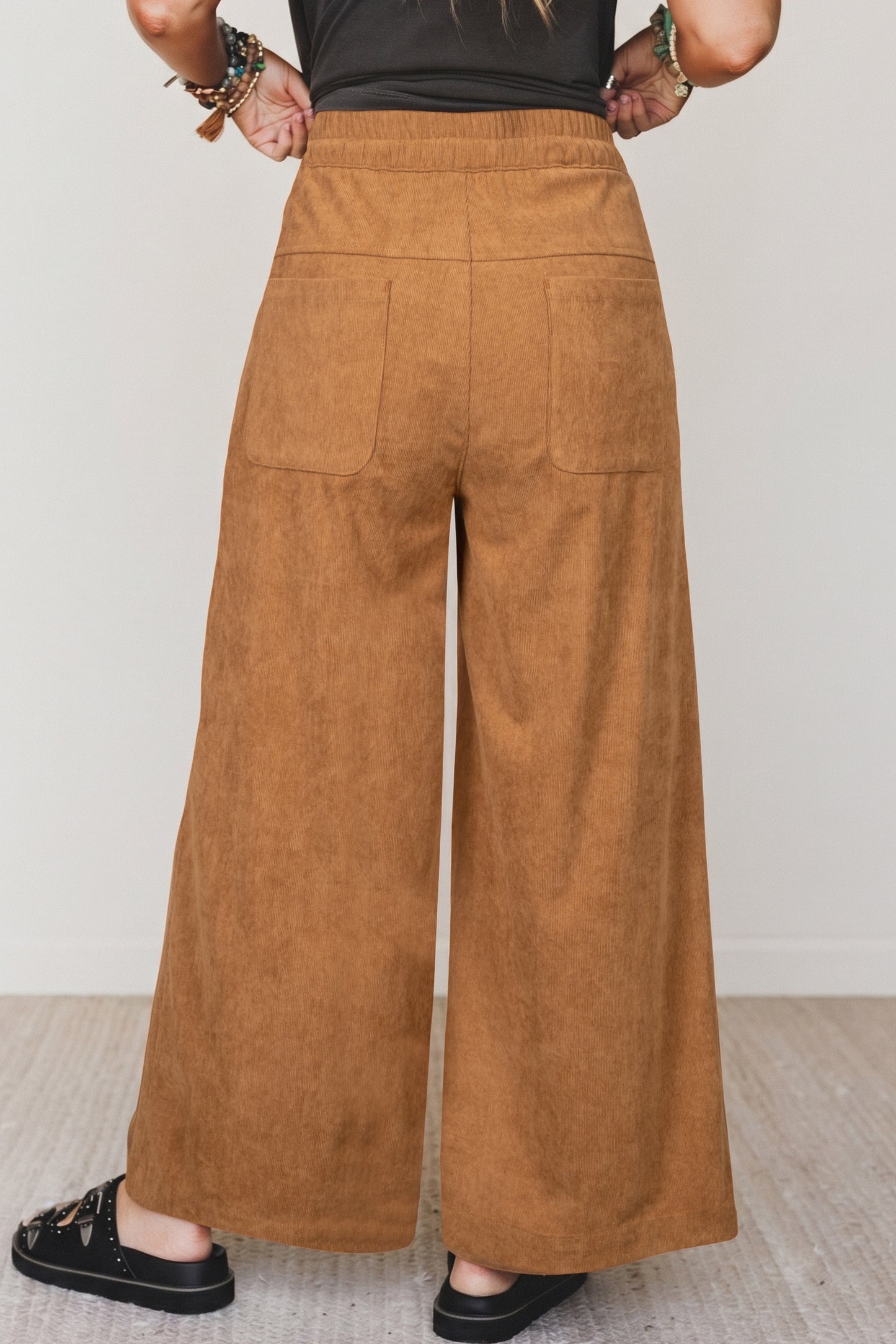 Thai Curry Elastic Waist Wooden Button Placket Ankle Length Wide Leg Pants