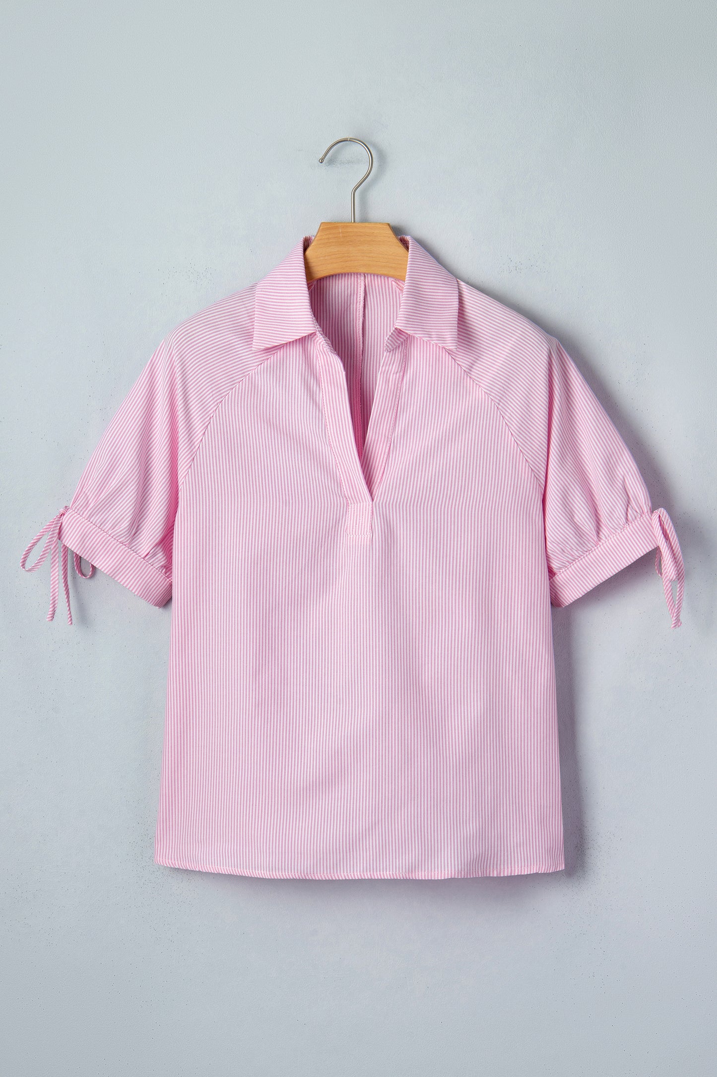 Mint Green Striped V Neck Collared Bubble Sleeve Blouse