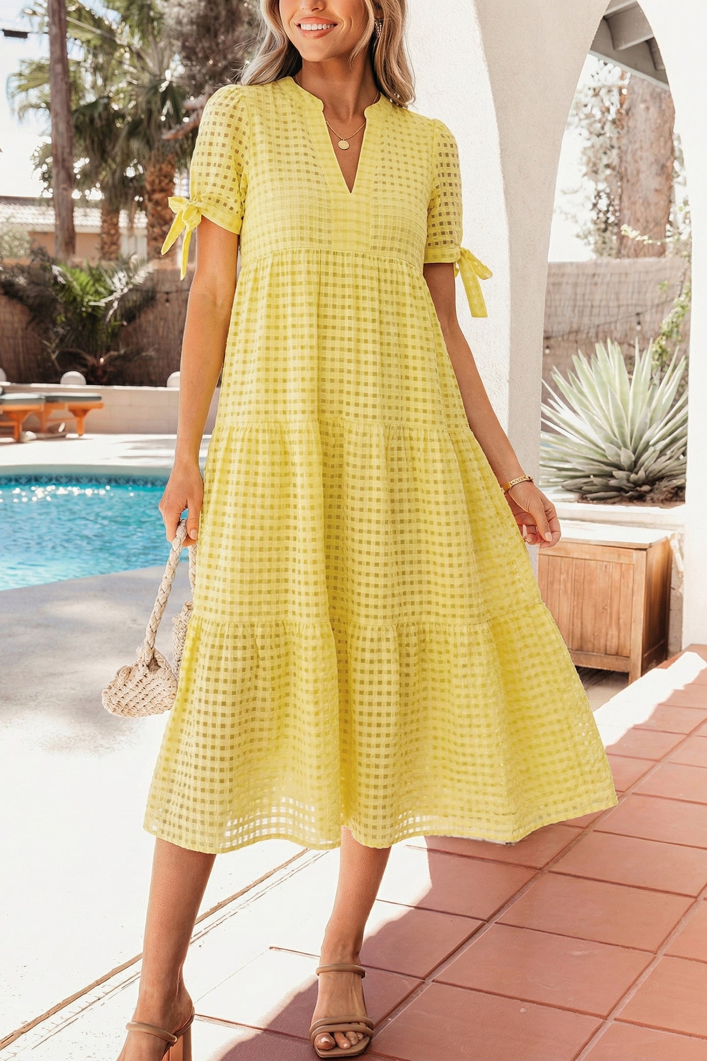 Dusk Blue Gingham Textured Bow Tie Short Sleeve Tiered Midi Dress