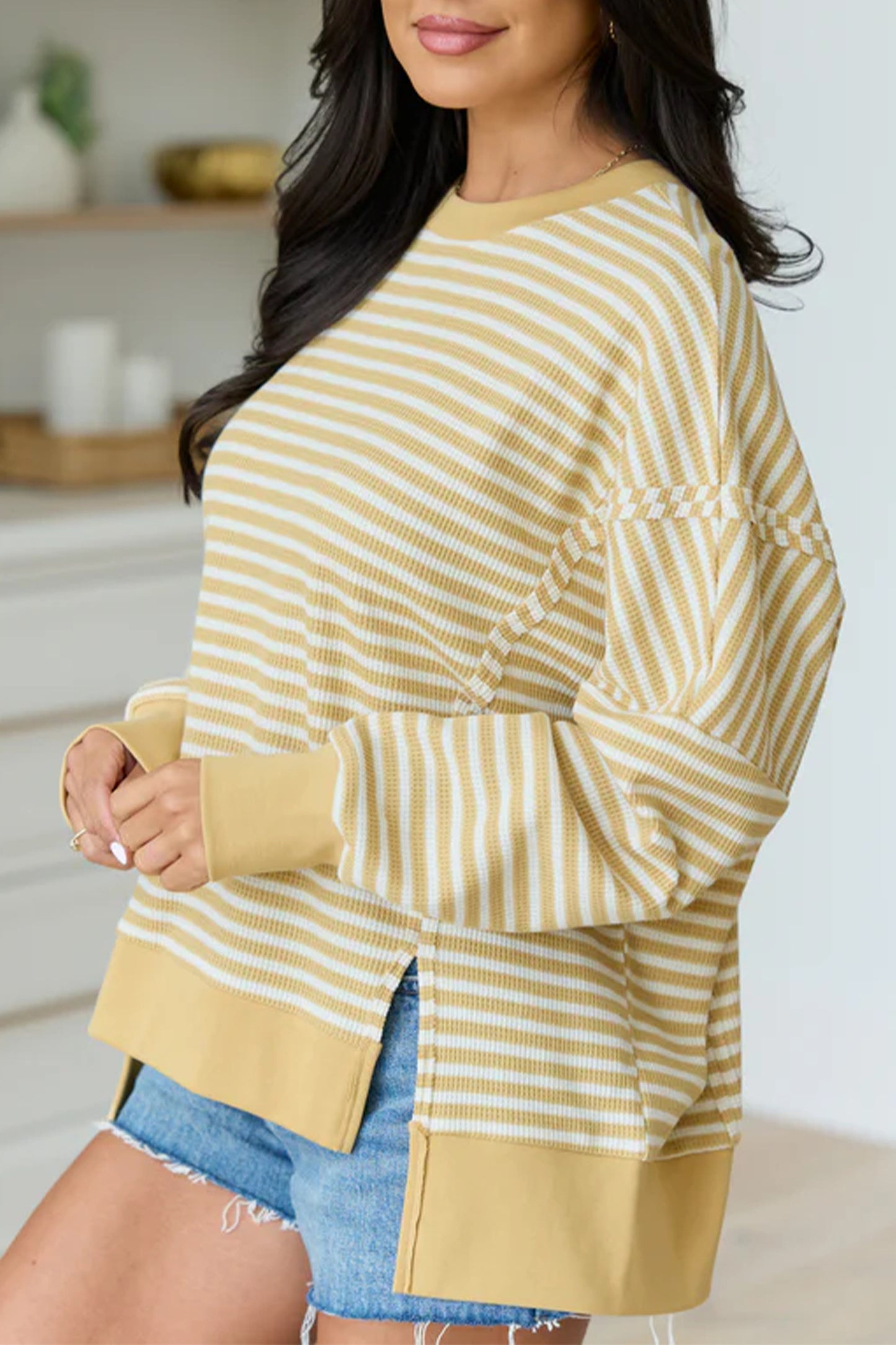 Khaki Stripe Textured Knit Color Block Trim Split Hem Long Sleeve Top