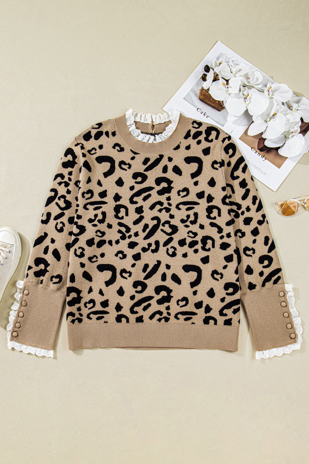 Brown Leopard Knitted Lace Trim Cuffed Plus Size Sweater
