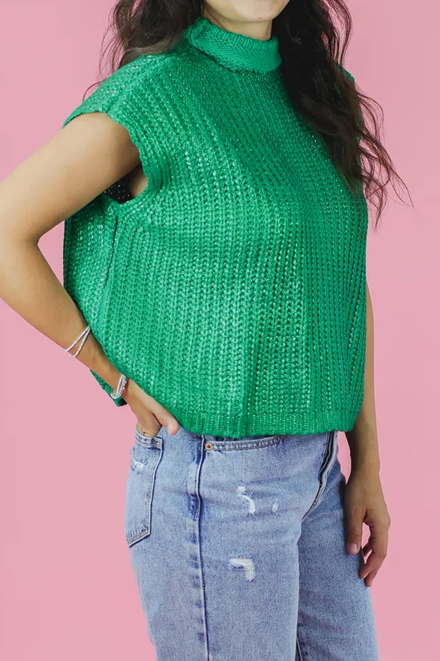 Bright Green Solid Color Knit High Neck Short Sleeve Sweater