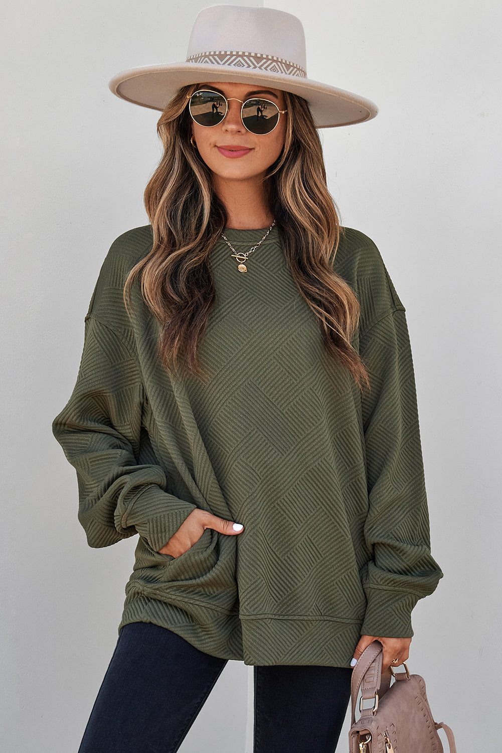 Coffee Solid Color Textured Round Neck Drop Shoulder Pullover Sweatshirt