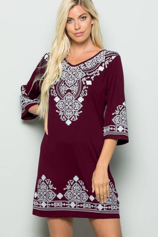Hemish Damask Print Dress: 3/4 Sleeve